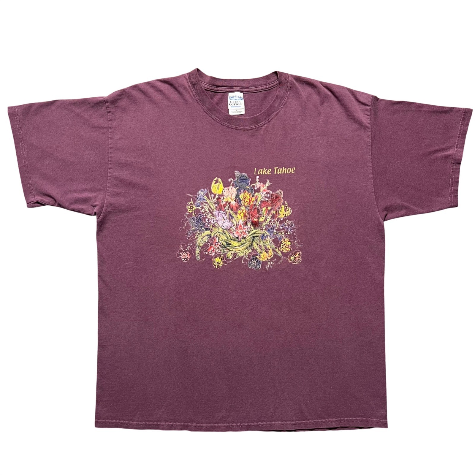 Vintage 90s Lake Tahoe Souvenir T Shirt Mens XL Burgundy Floral Graphic Cotton