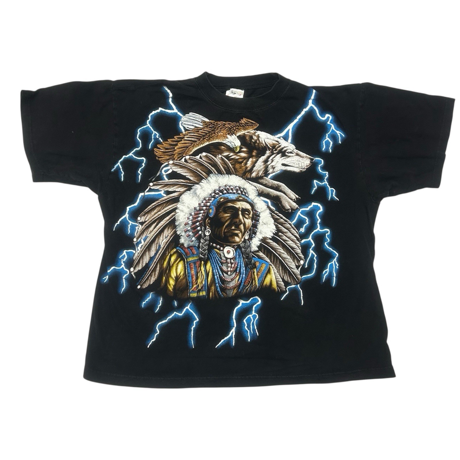 Vintage 80s Sunrise Turquoise Native American Indian Chief Lightning Tee XL