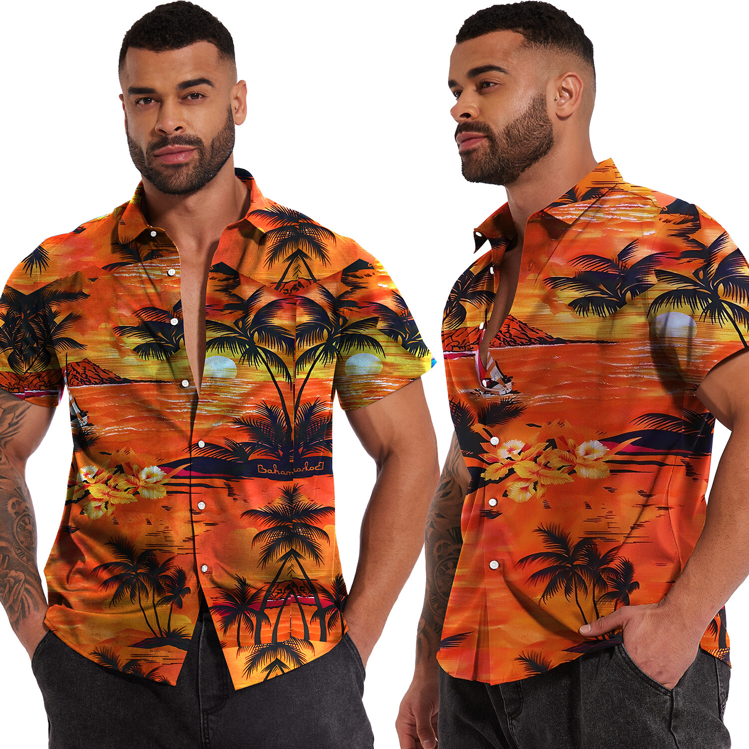 Men Hawaiian Shirts Floral Palm Tree Sunset Surf Beach Party Holiday Stag Dance