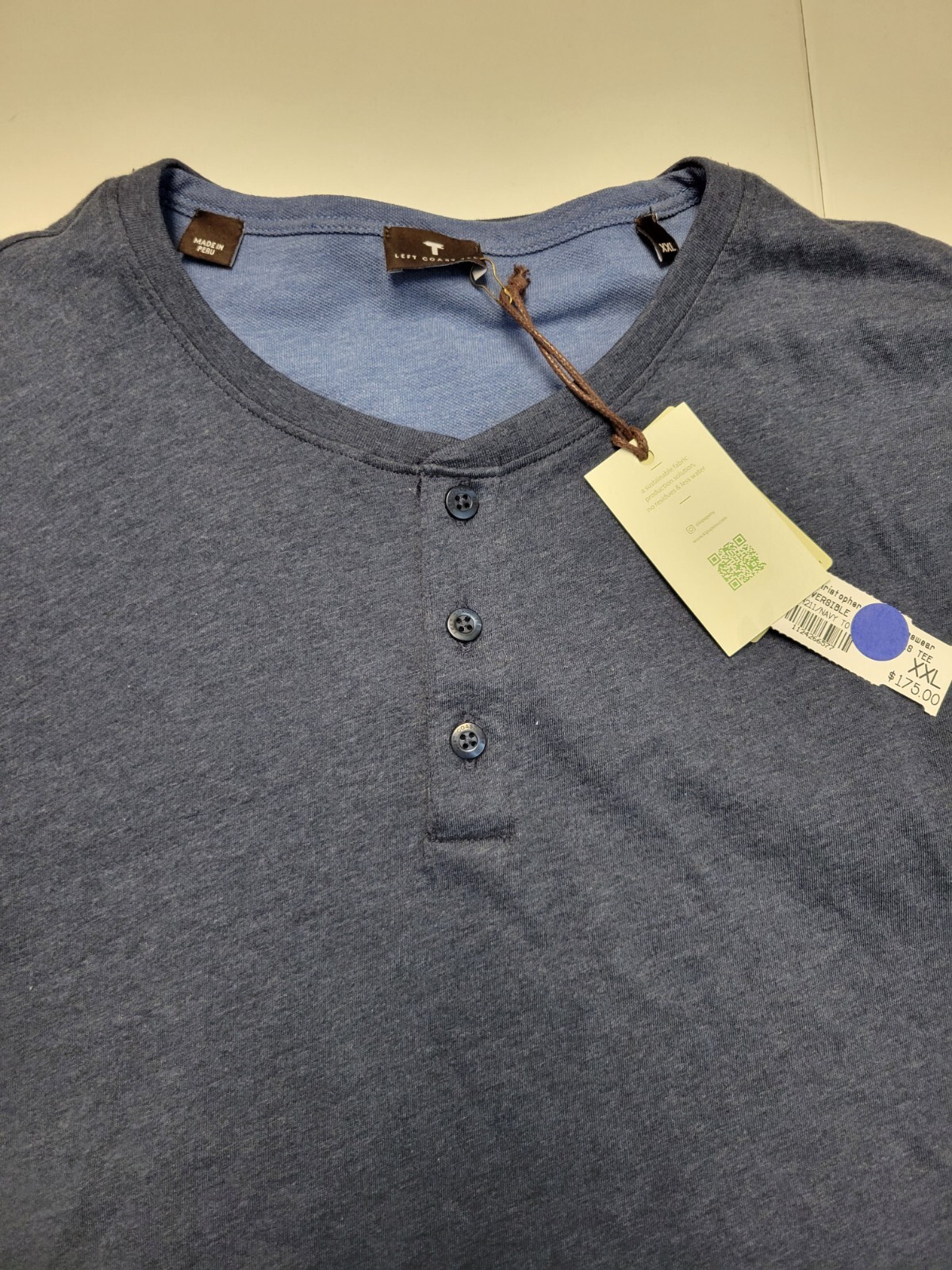 $175 New LEFT COAST TEE Henley Collared REVERSIBLE L/S Shirt Men 2XL XXL Blue