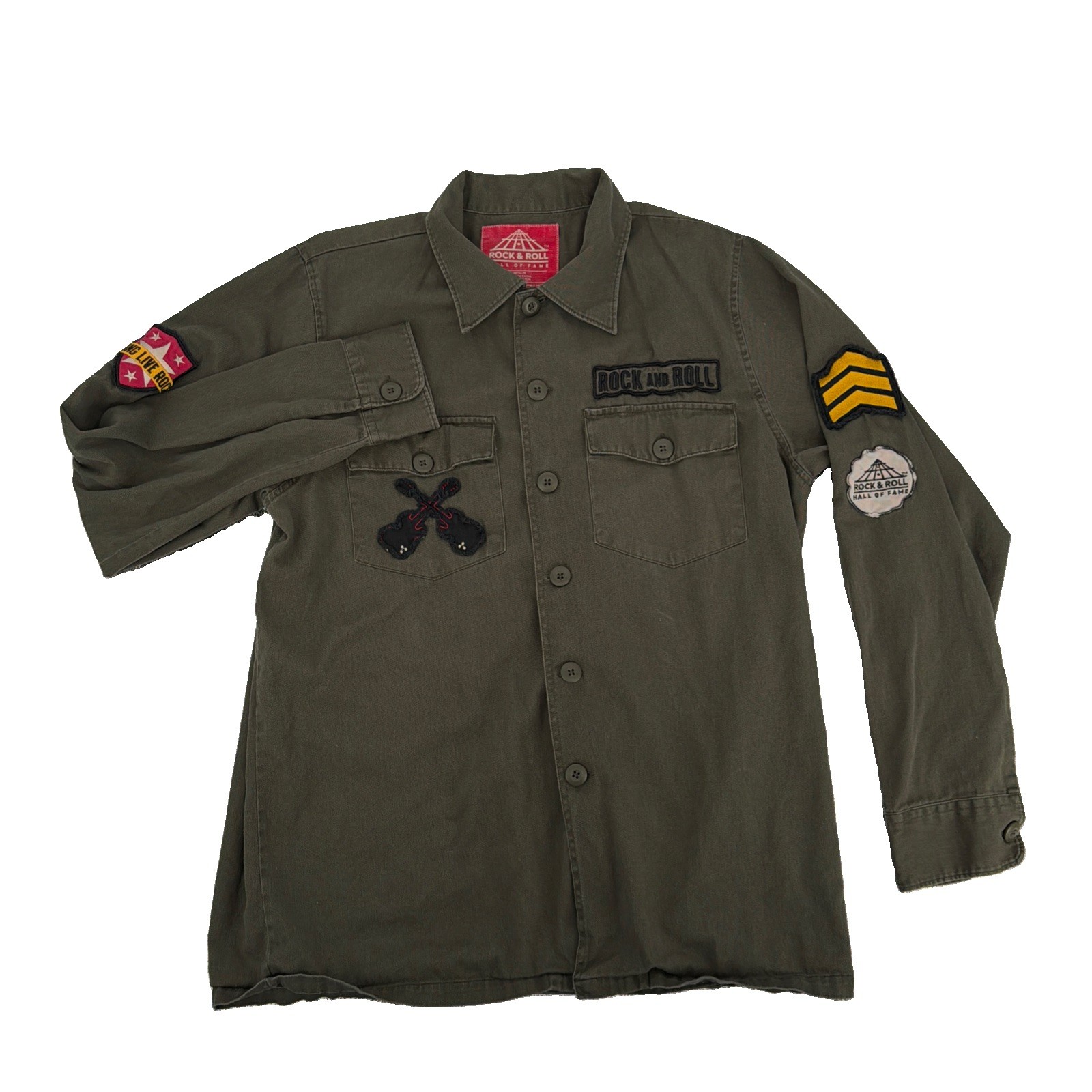Rock n Roll Hall of Fame Men’s Fatigue Shirt XXL Green Patches Cotton Memorabia