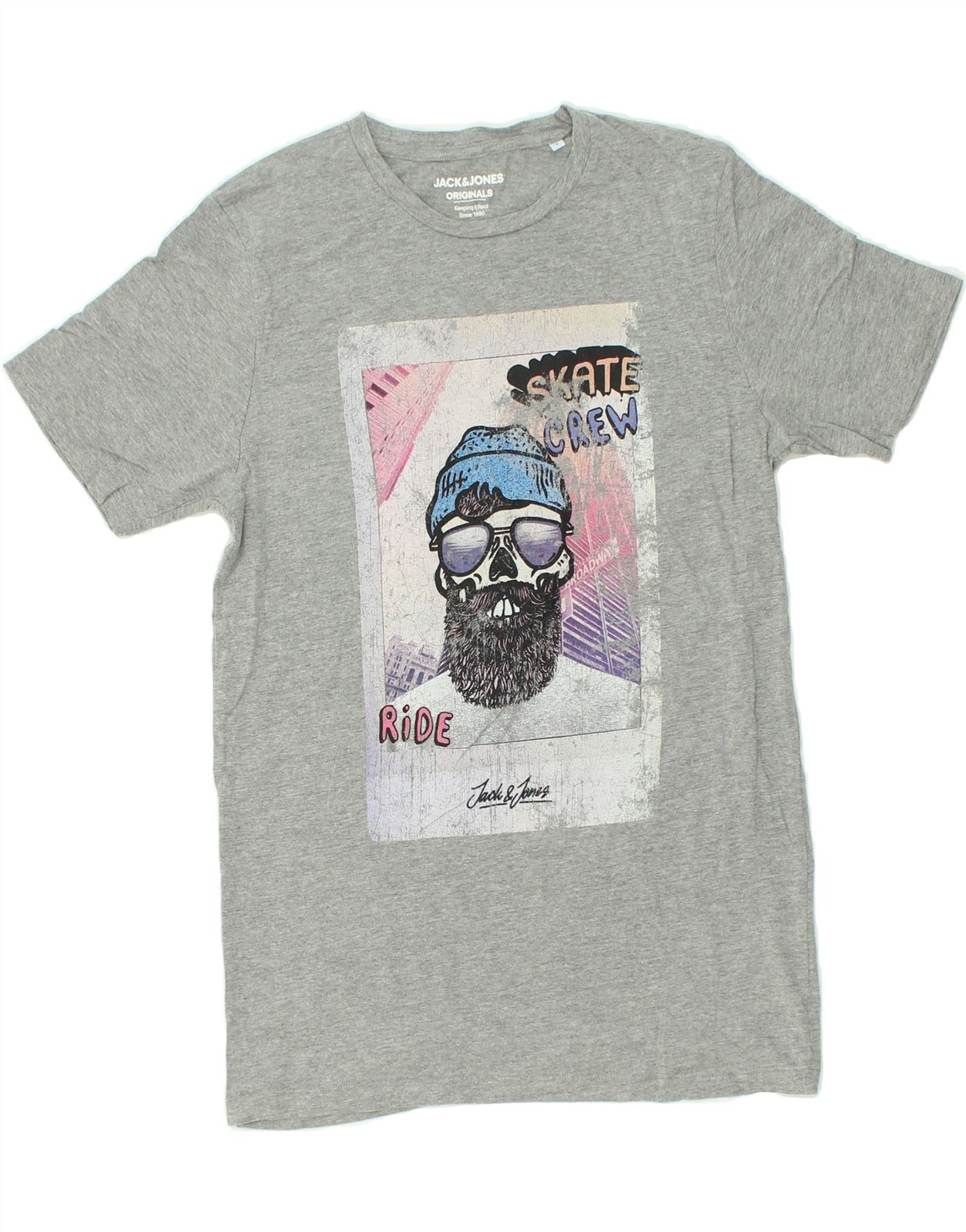 JACK & JONES Mens Slim Graphic T-Shirt Top Large Grey Cotton AV15
