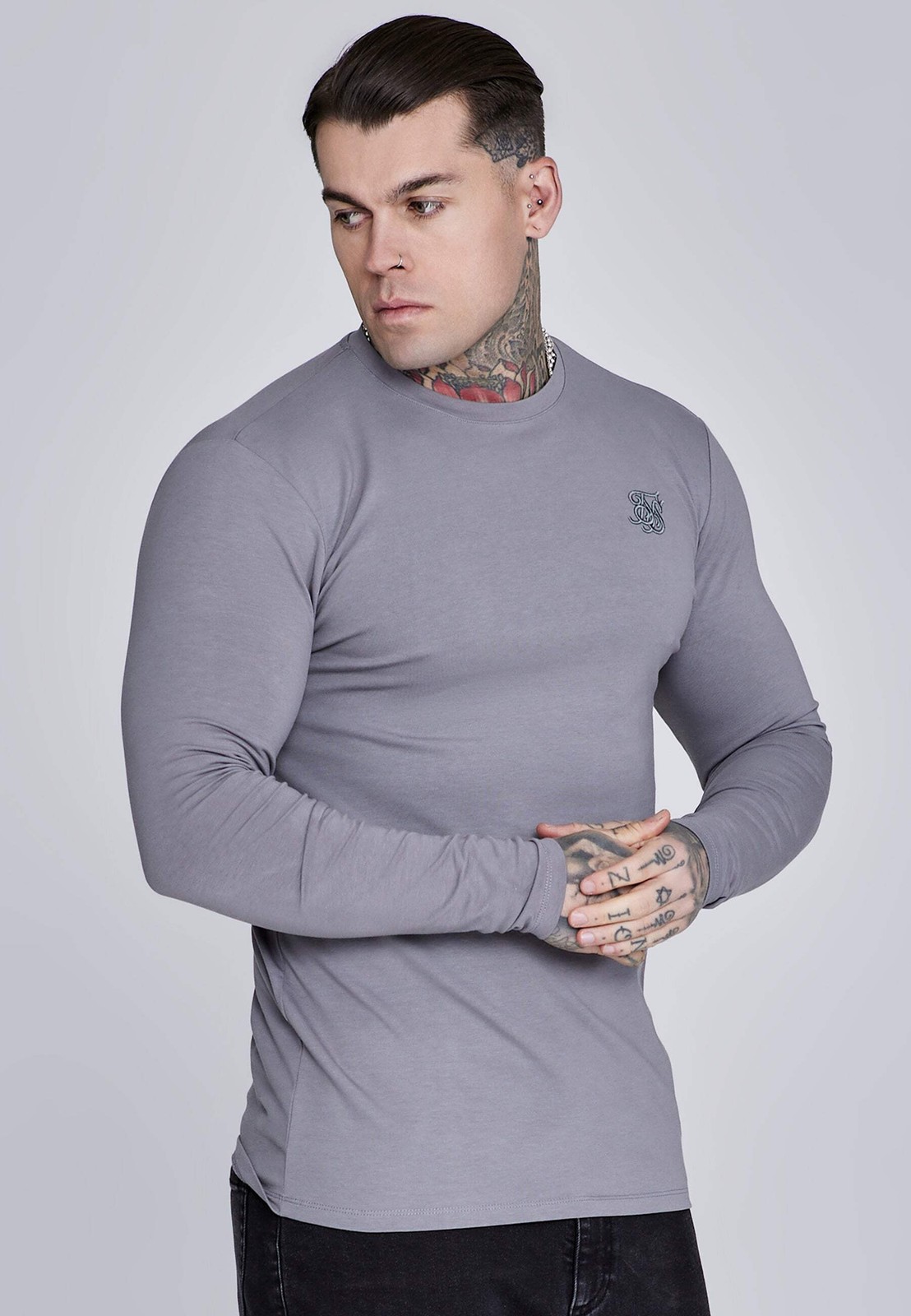 SikSilk Men’s Long Sleeved Crew Neck Essentials T-Shirt Tee Grey
