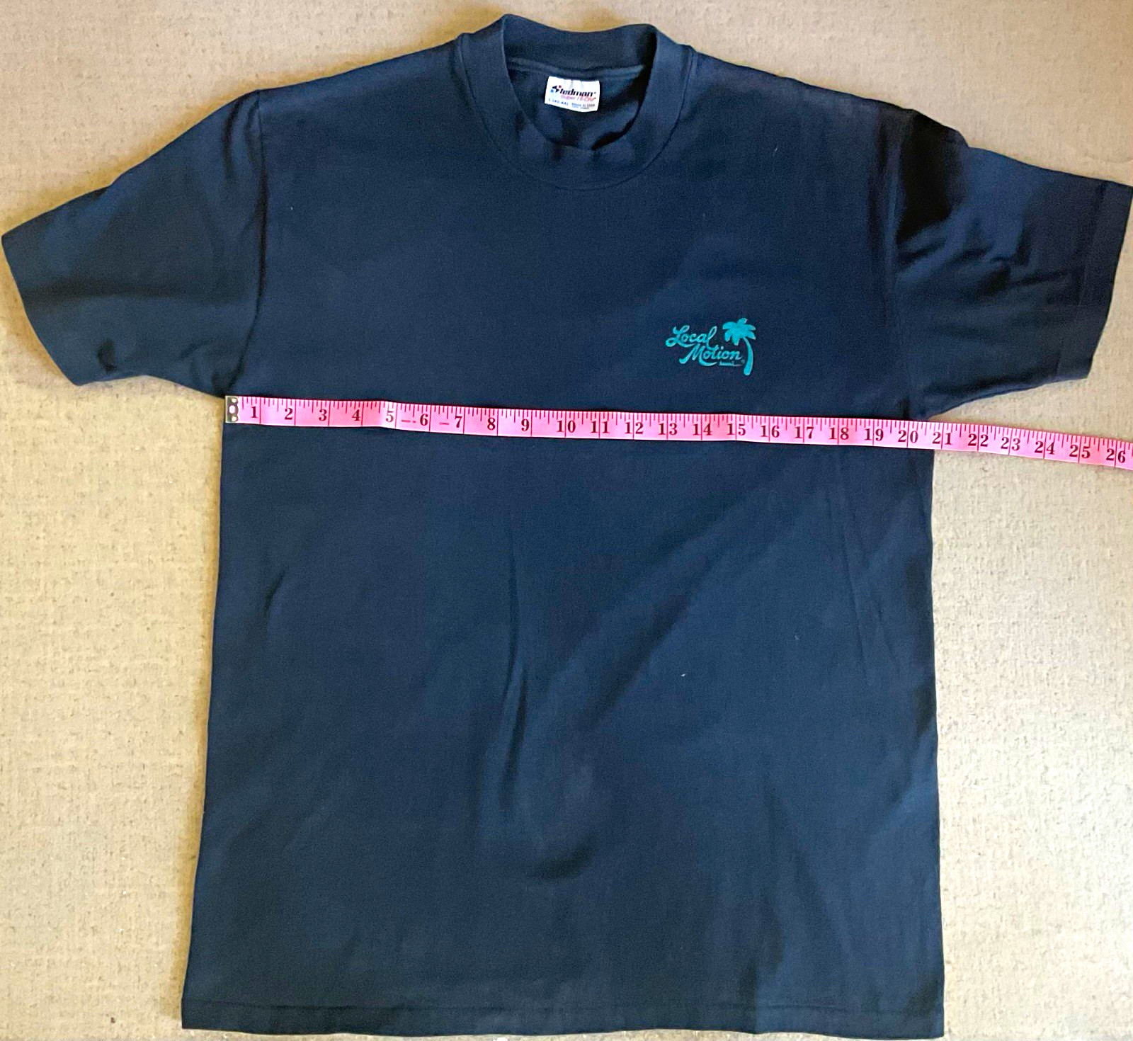 Vintage Local Motion Hawaii Tee, Hula Girl Logo,Fade Line on Back, Navy- LG