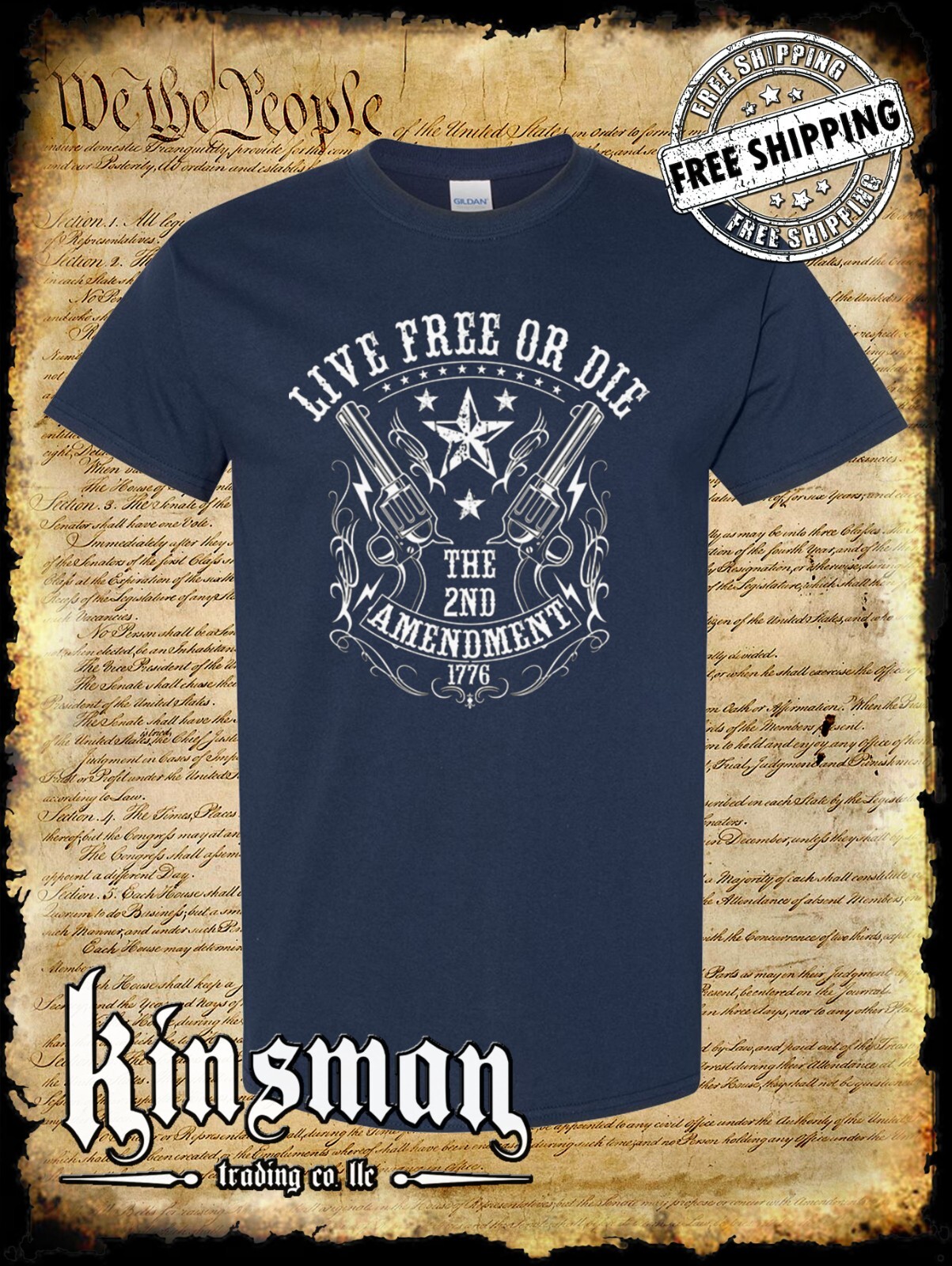 Live FREE or DIE 2nd Amendment T-Shirt / Gun Rights .45 Revolvers Western Cowboy