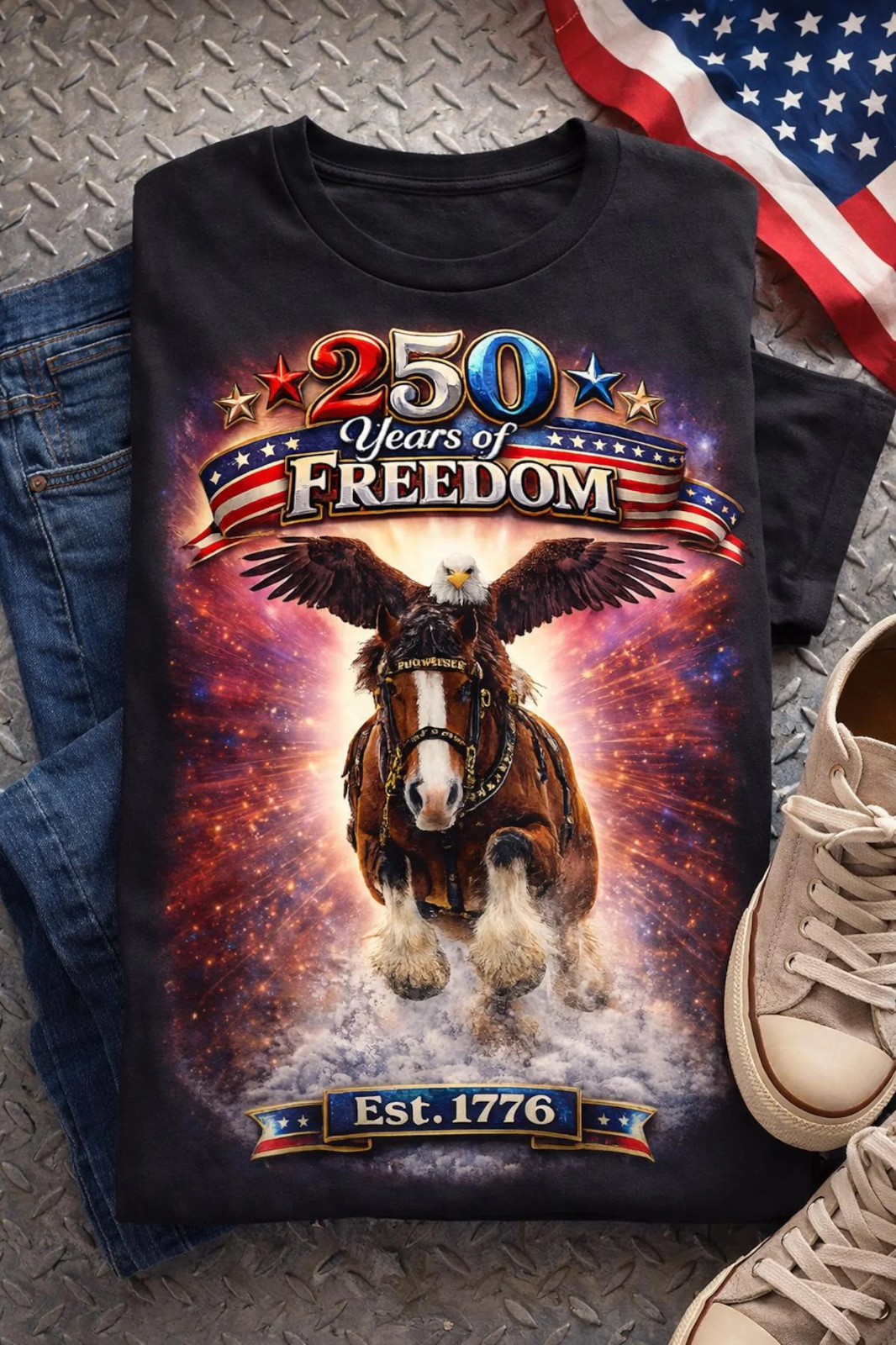250 Years of Freedom Shirt – Patriotic Eagle & Horse Graphic Tee