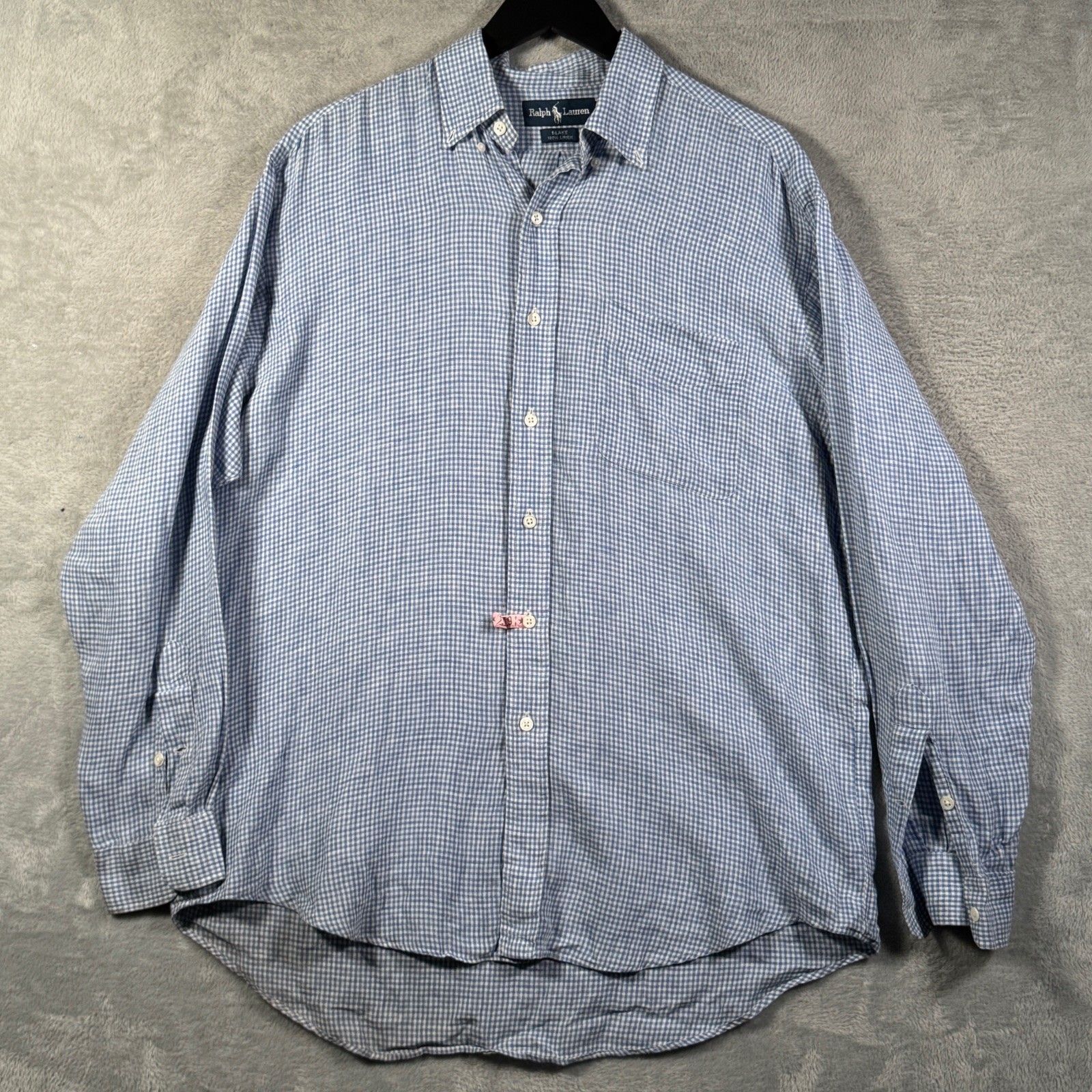 Ralph Lauren Blake Shirt Mens M Blue Gingham Check 100% Linen Button Down