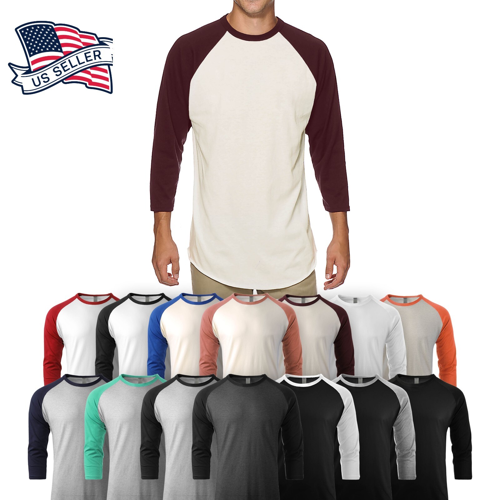 Mens Soft Cotton Raglan 3/4 Sleeve T Shirt Baseball Tee Active Casual Team