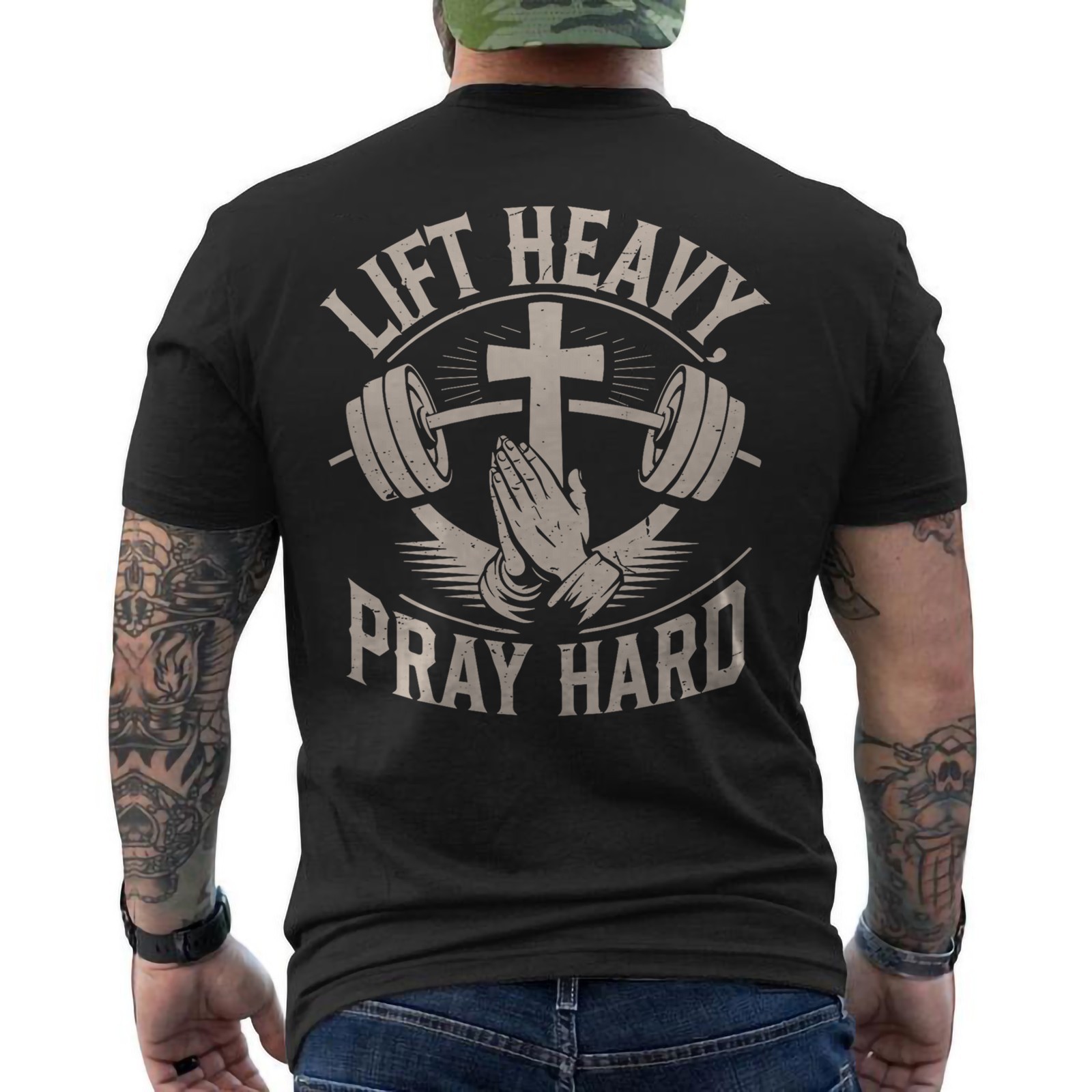 Lift Heavy Pray Hard, Christian Gym Workout Weightlifter Deadlift Gift ON BACK