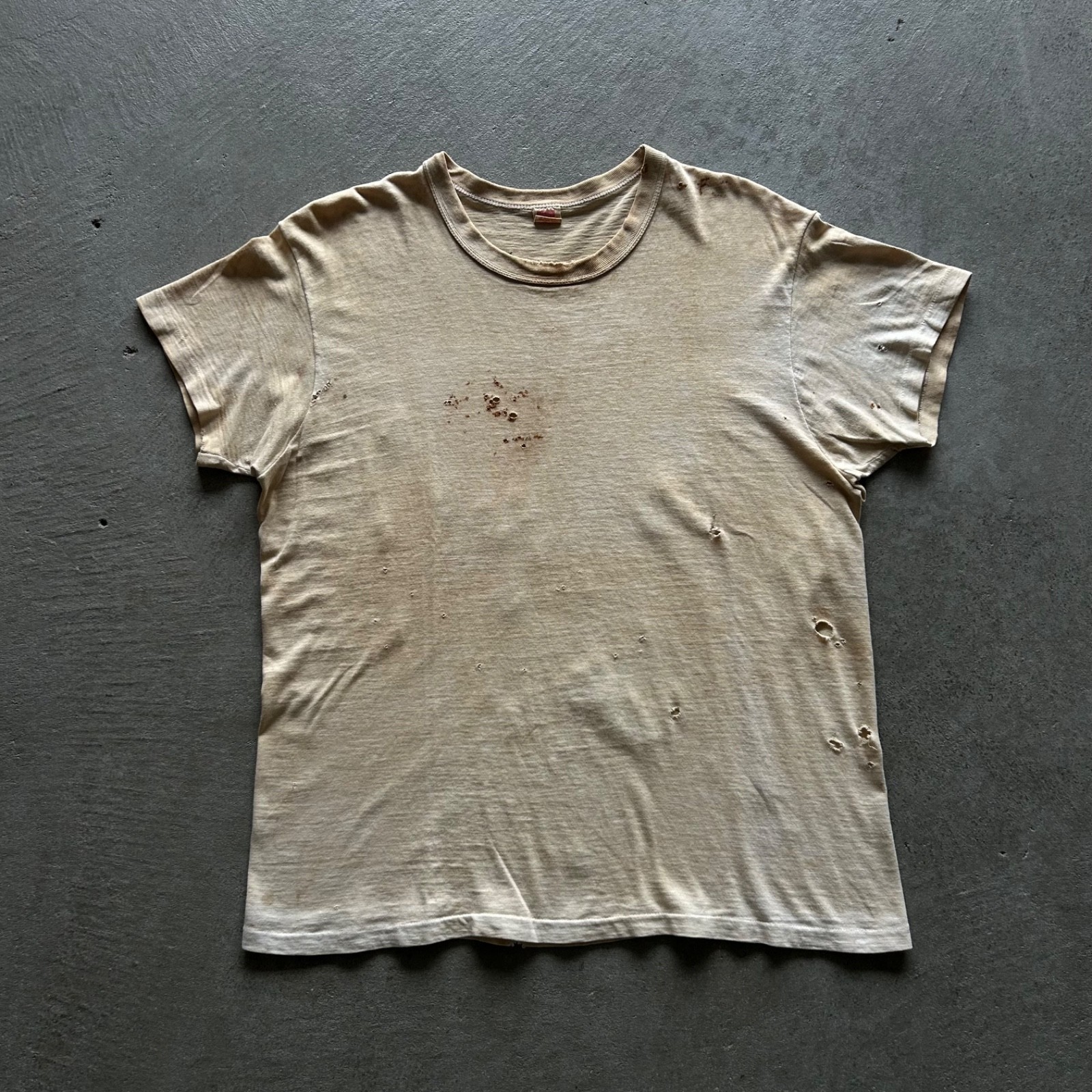 Vintage 50s Hanes Thrashed Shirt Size Large White Stained Distressed 100% Cotton