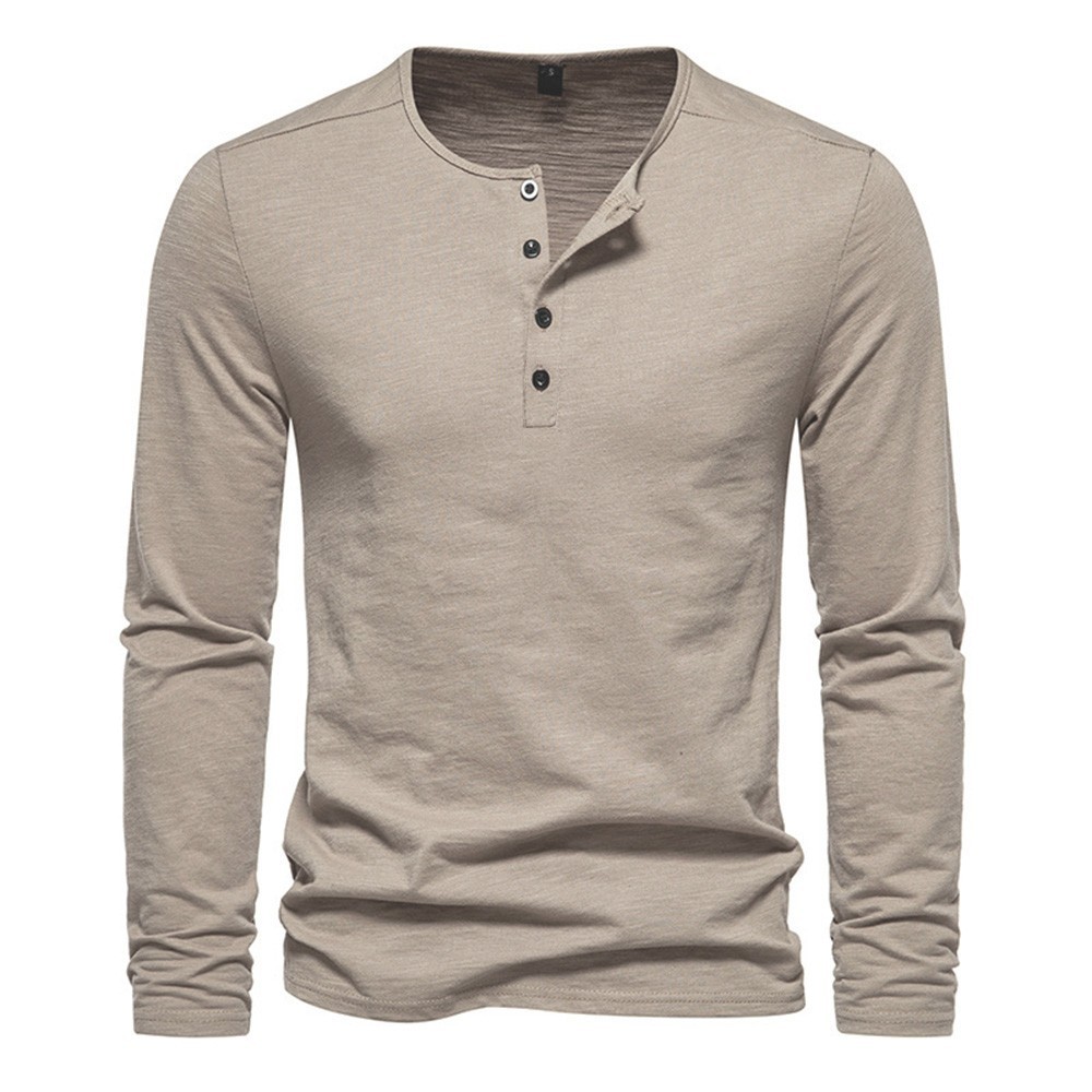 New Men’s Cotton Long Sleeve T-Shirt Slim Fit Button Neck Casual Fitness Tee
