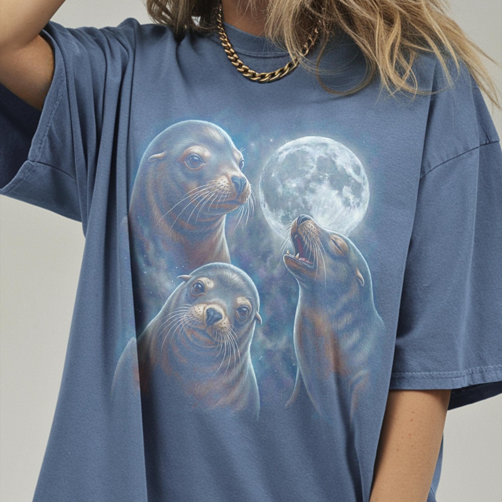 Three Sea Lion Moon Shirt, Seal Lover Gift, Vintage Sea Puppy Meme T-Shirt