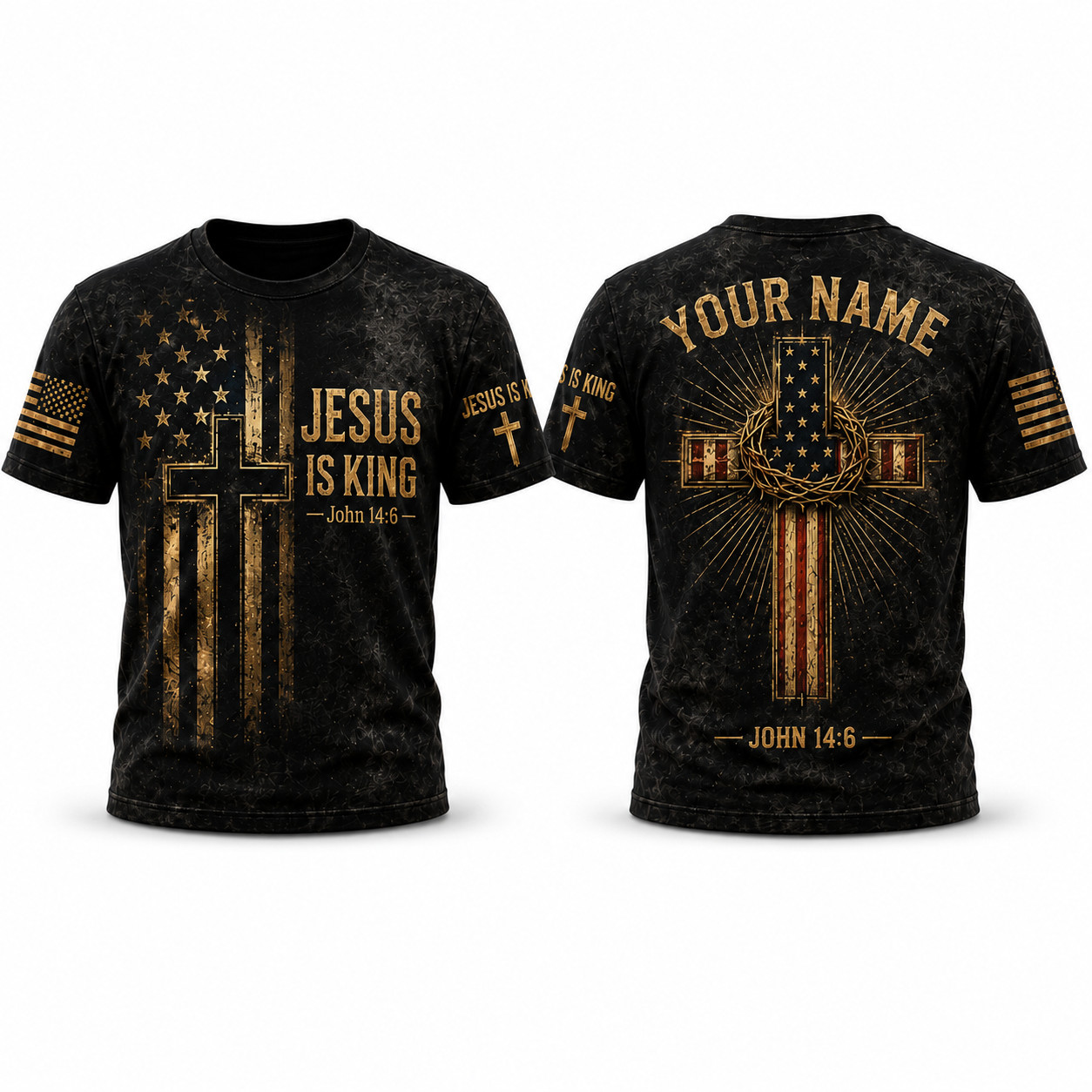 Custom Name Jesus Is King 3D T Shirt American Flag Cross Christian Patriotic Men
