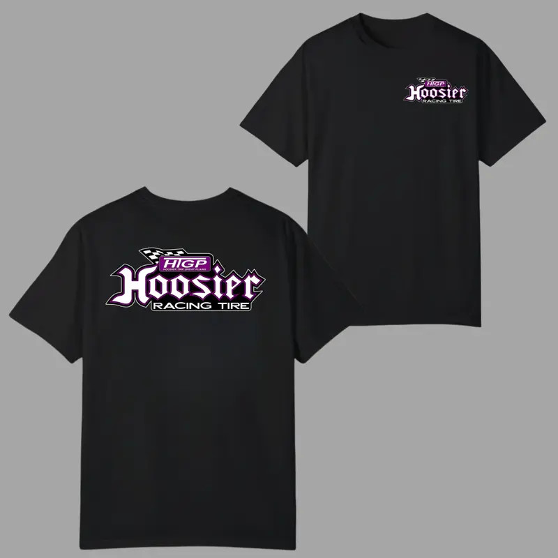 Hoosier Racing Tire Logo T-shirt, 2 Sides with Purple Drag Racing Graphic and Ch