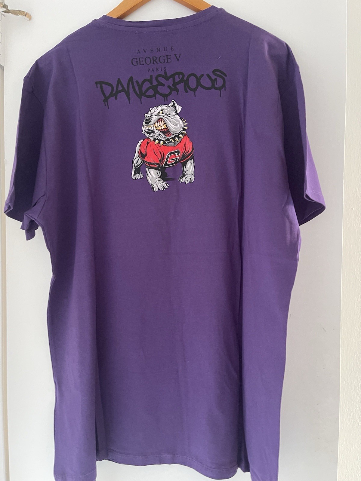 Avenue George V Paris T-Shirt Royal Bulldog Rhinestone Men’s Purple Fitted Tee