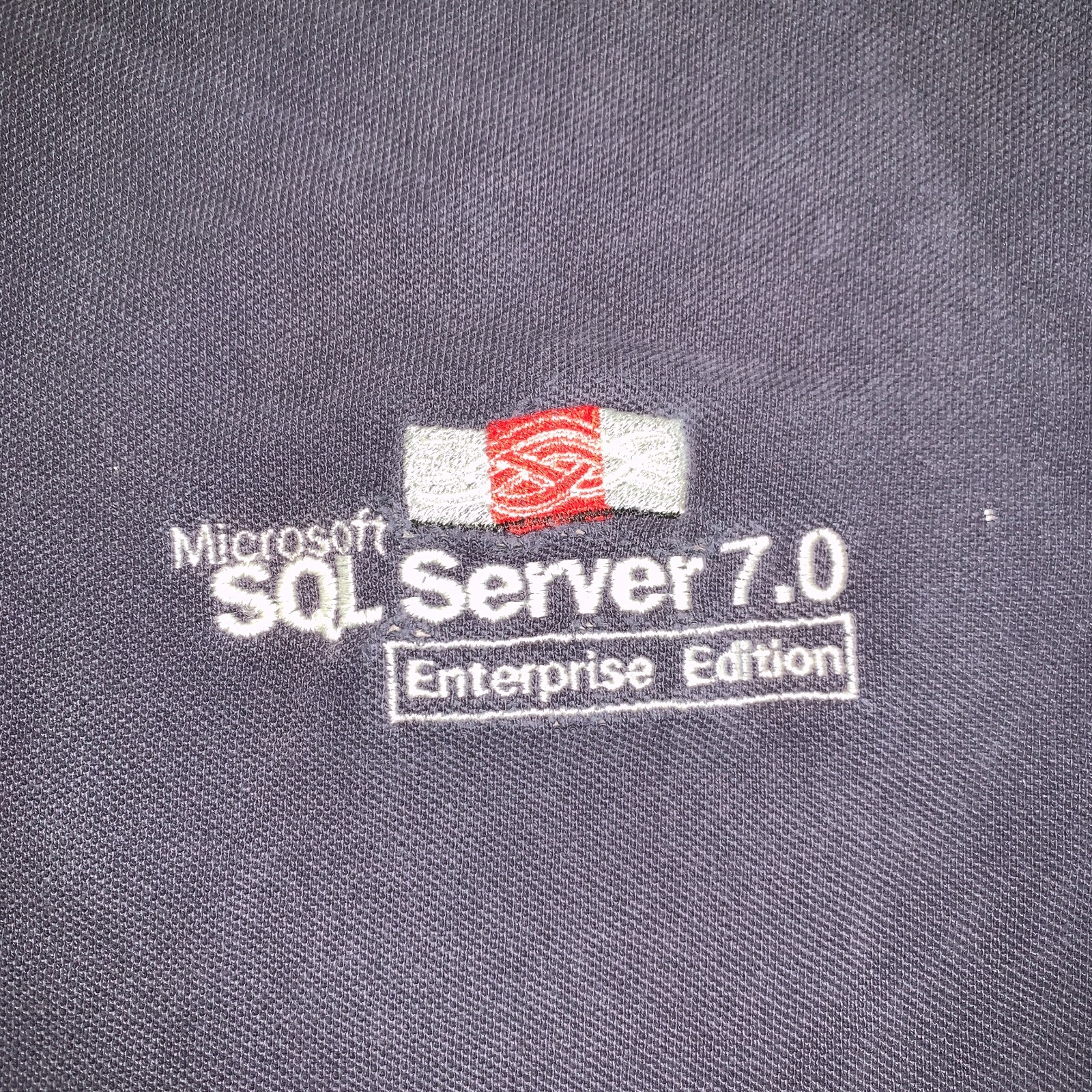 Vintage Faded Blue Microsoft SQL Server 7.0 Embriodered Knit Tech T-Shirt Sz. XL