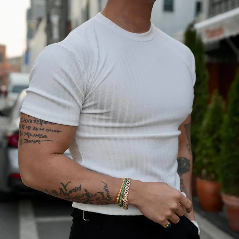 2025Summer Fashion Solid Color Ribbed Slim T Shirts Men Streetwear Classic Simpl