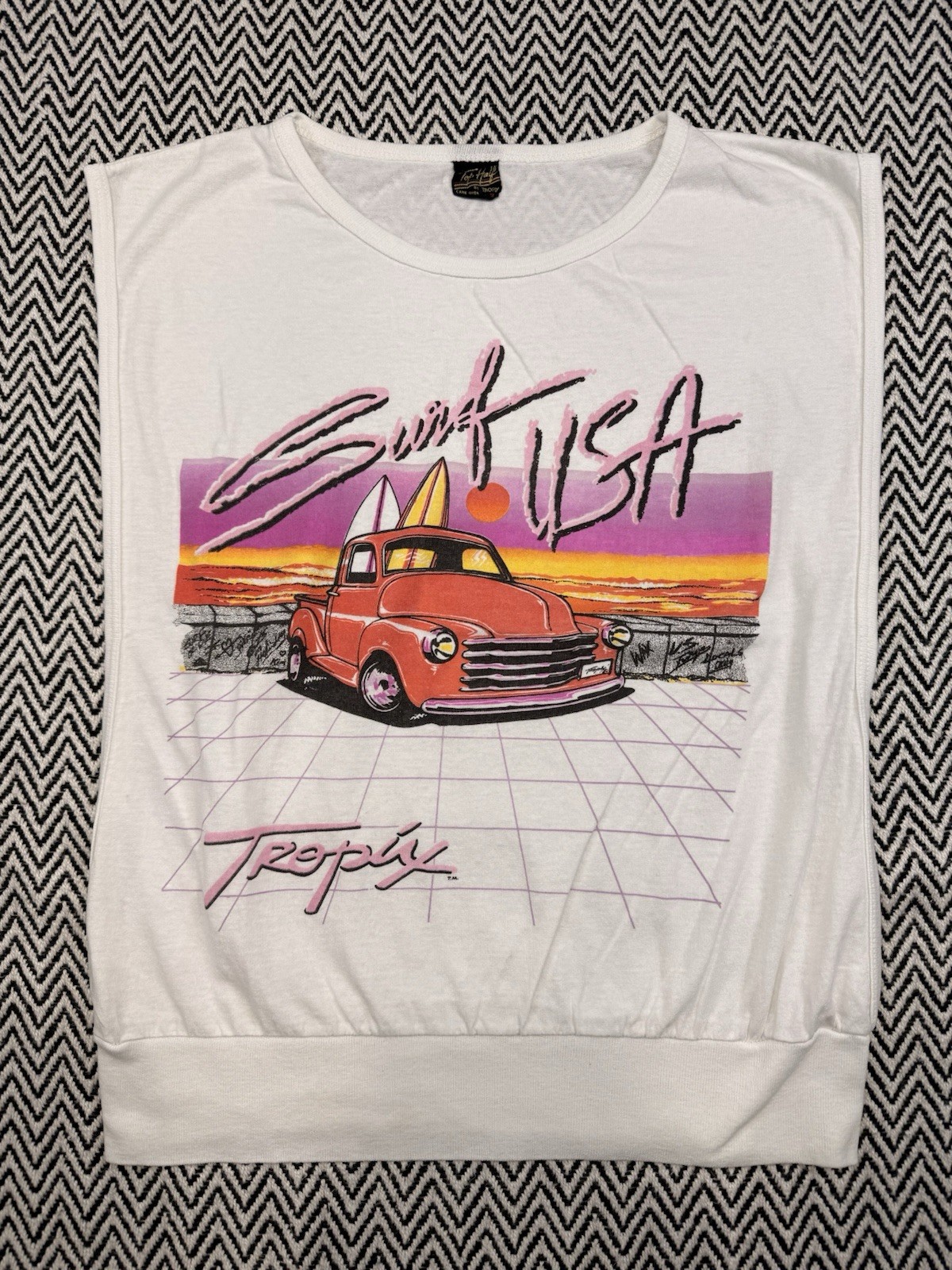 VTG 80s Tropix MENS MEDIUM ‘Surf USA’ Truck Sleeveless Retro Shirt Top Half USA