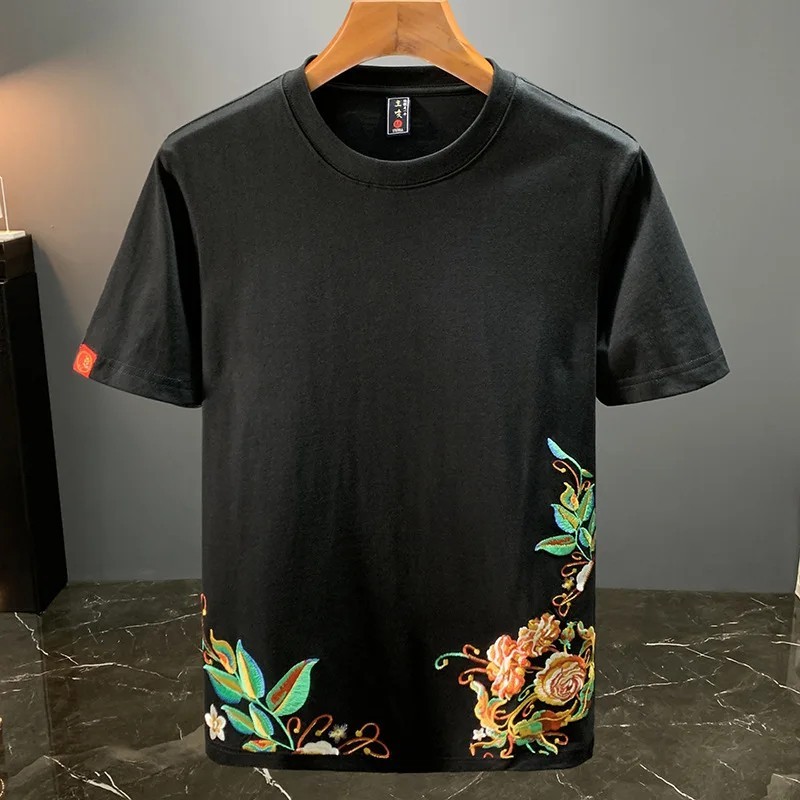 Men Embroidery T-Shirt Chinese Ethnic Floral Short Sleeve Crew Neck Cotton Top