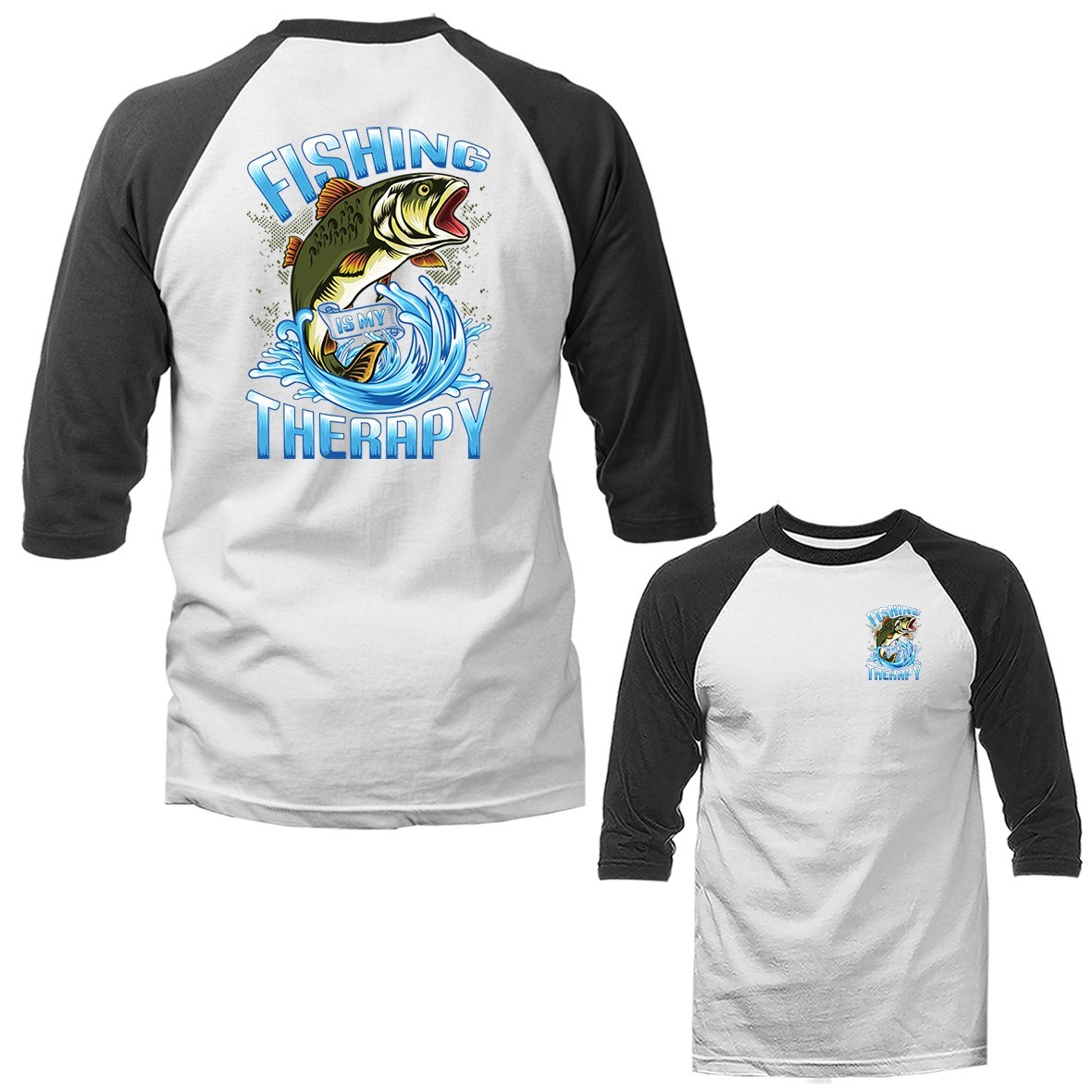 Fishing Is My Therapy Bass Splash Outdoor Sports Fishing 3/4 Sleeve Raglan