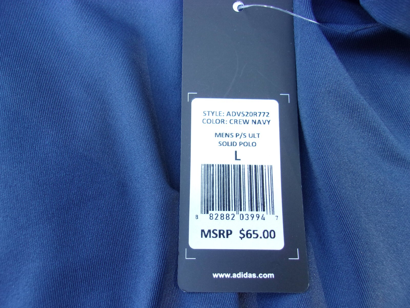 NWT Adidas polo, men’s L, navy blue, polyester, pointed collar, $65