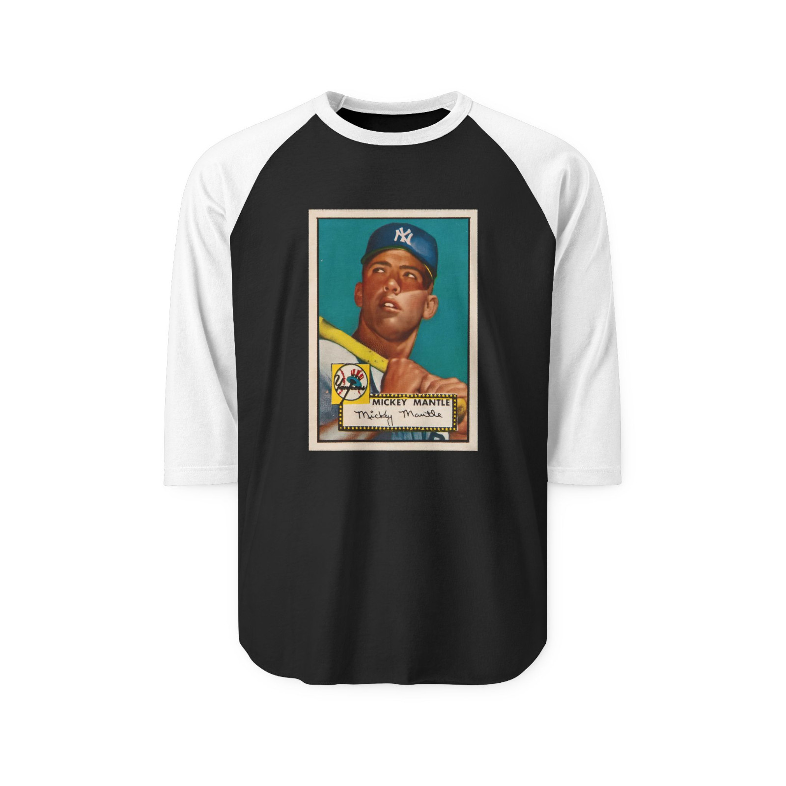 Vintage Mickey Mantle Rookie Baseball Card T-Shirt – Raglan Two Tone 3/4 Sleeves