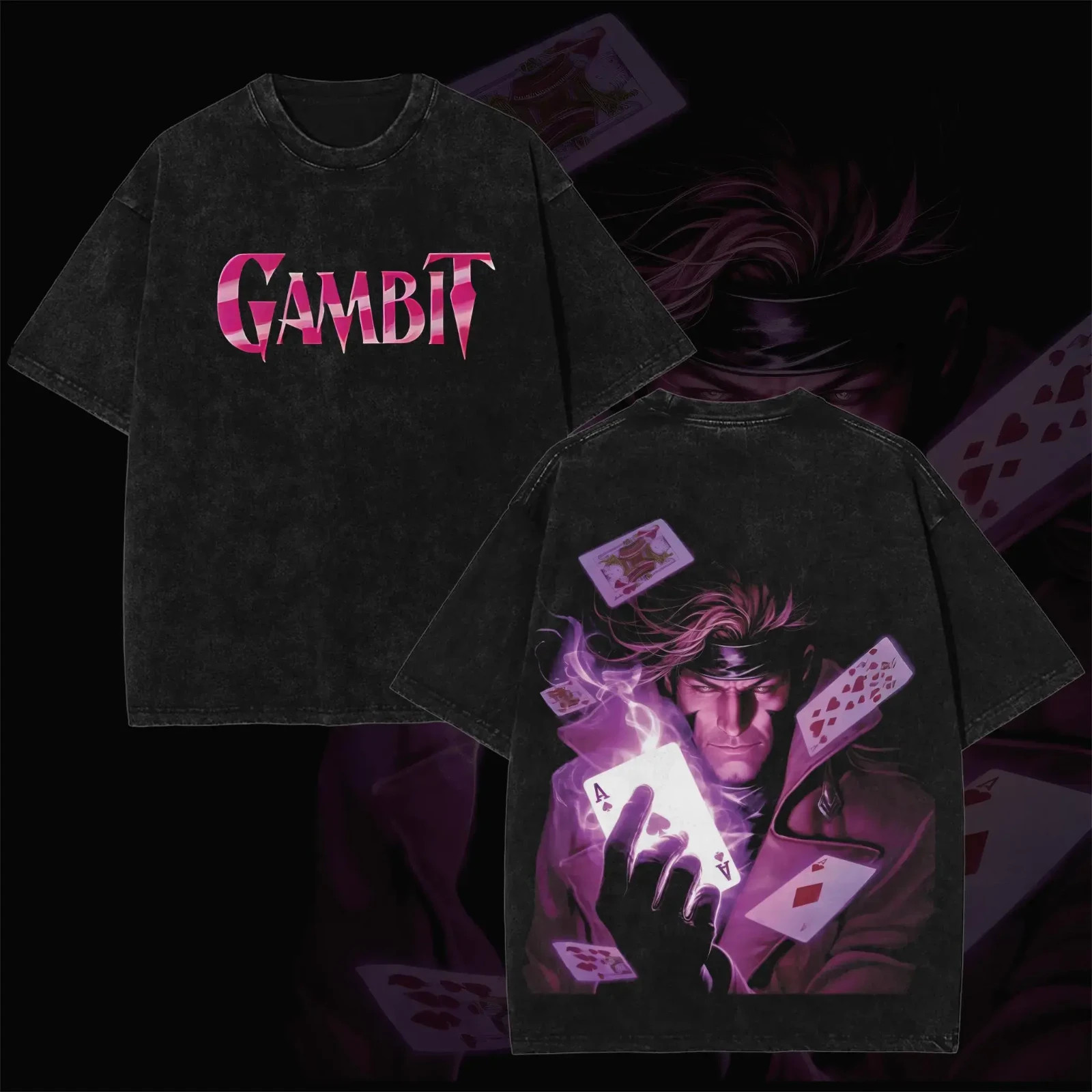 Retro Gambit Pink Swirl Text Front Print & Purple Magic Playing Card Hero Bust