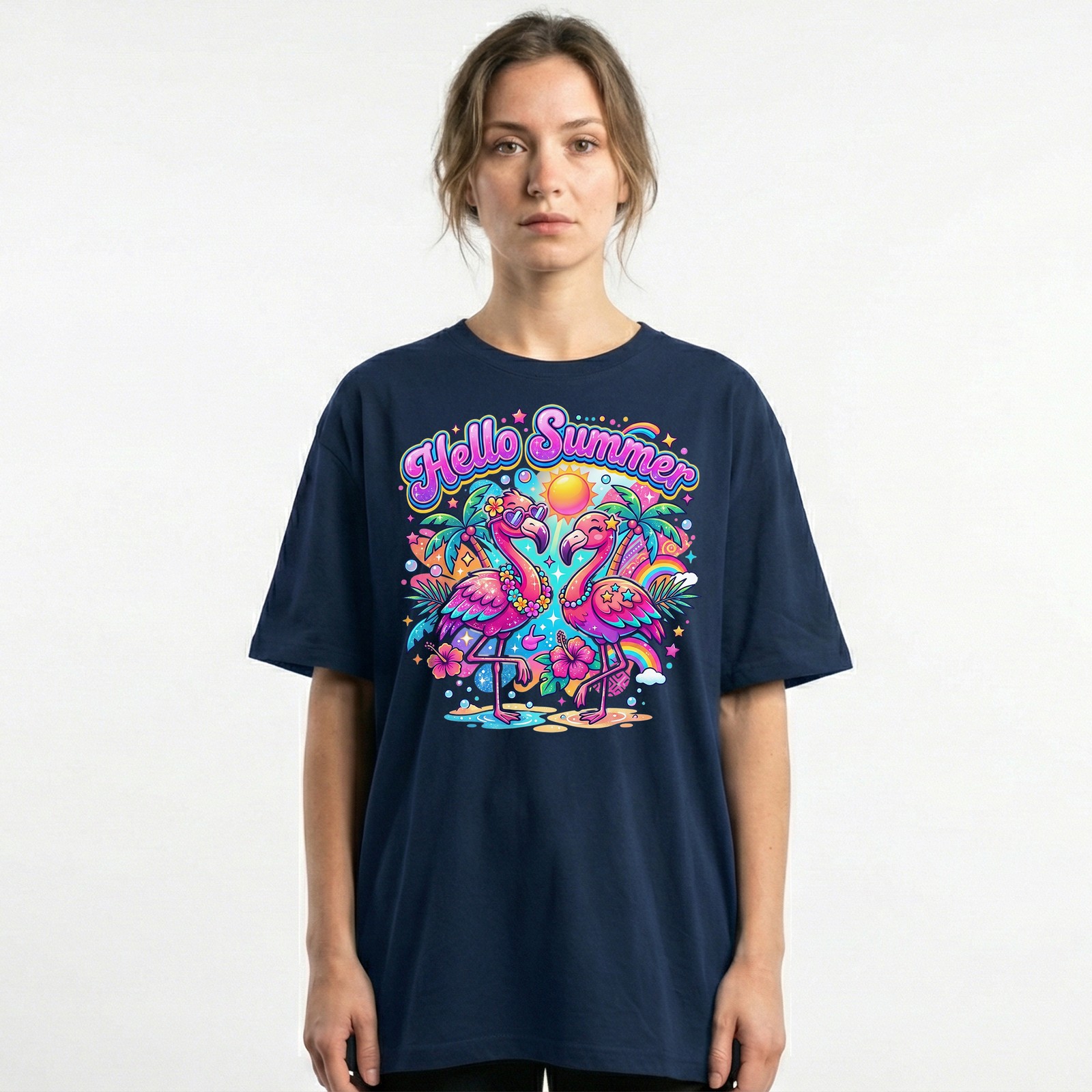 Hello Summer Tropical Flamingo T-Shirt Retro Neon Beach Vacation Holiday Tee