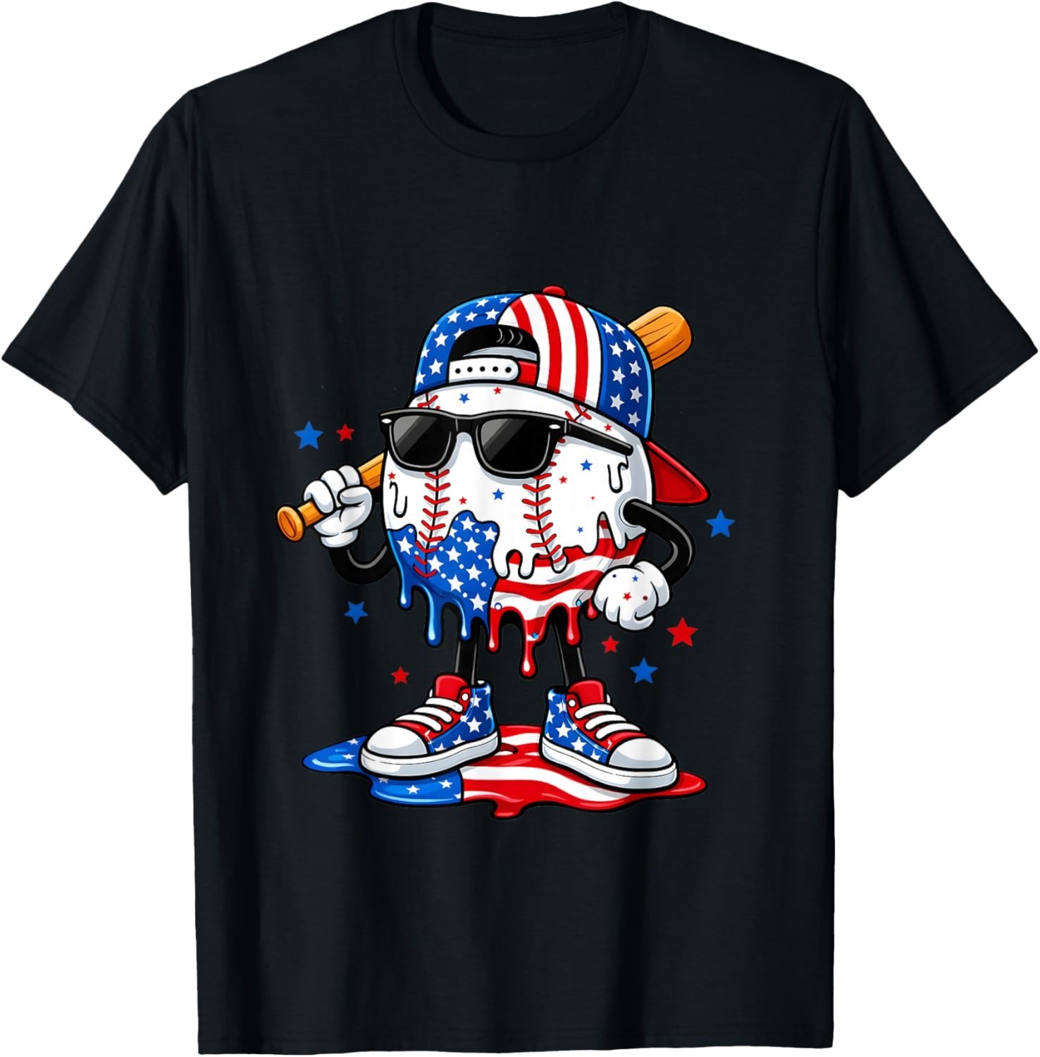 Baseball Drip Ice Cream Boys American USA Flag T-Shirt