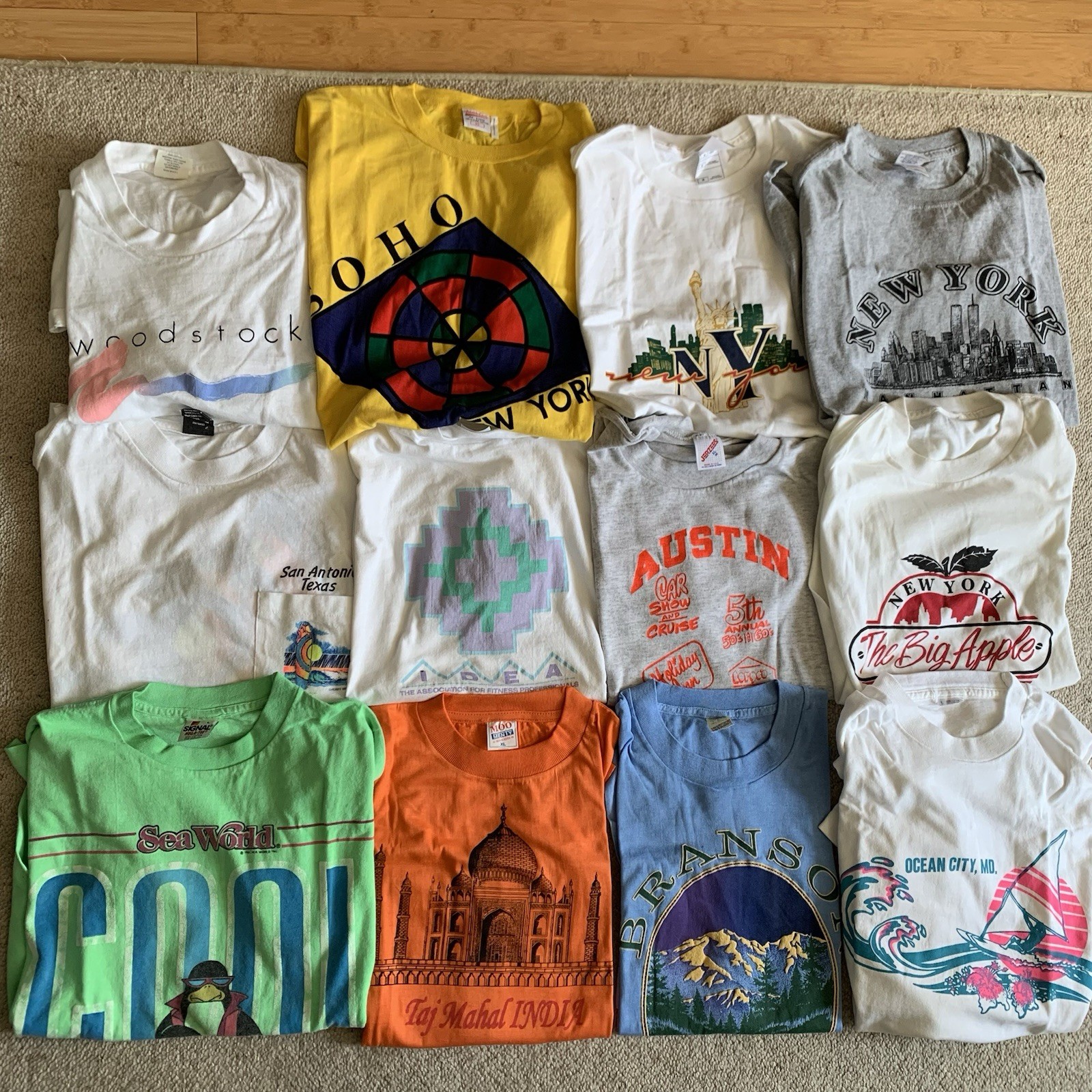 Lot of 12 Vintage T Shirts Travel 80s-Y2K. Soho NYC, WTC, India, Austin, Branson