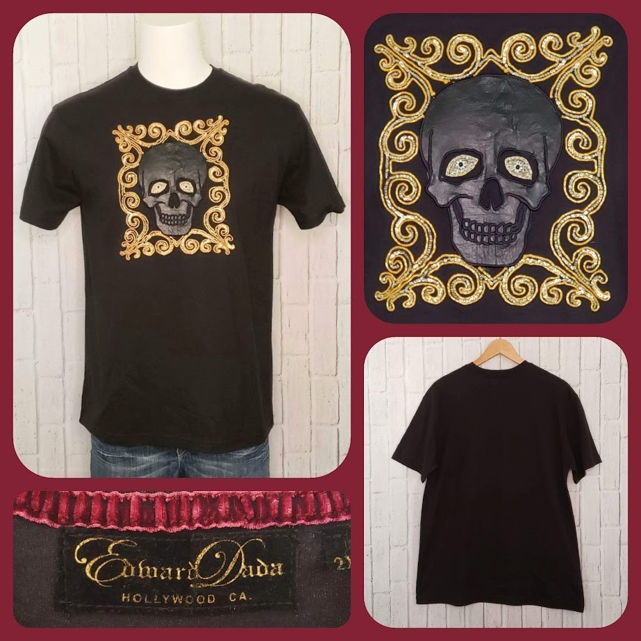 VTG 1990s 90s Y2K Edward Dada Black Leather Applique Skull Embellished Tee Shirt