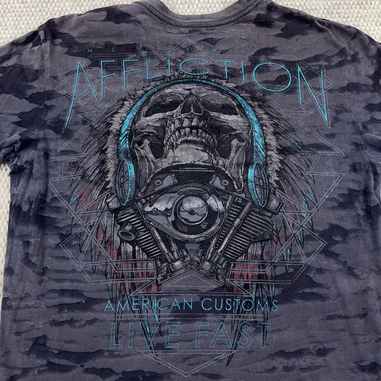 Affliction Shirt Men Medium Gray American Customs Indian Chief Tattoo MMA Live