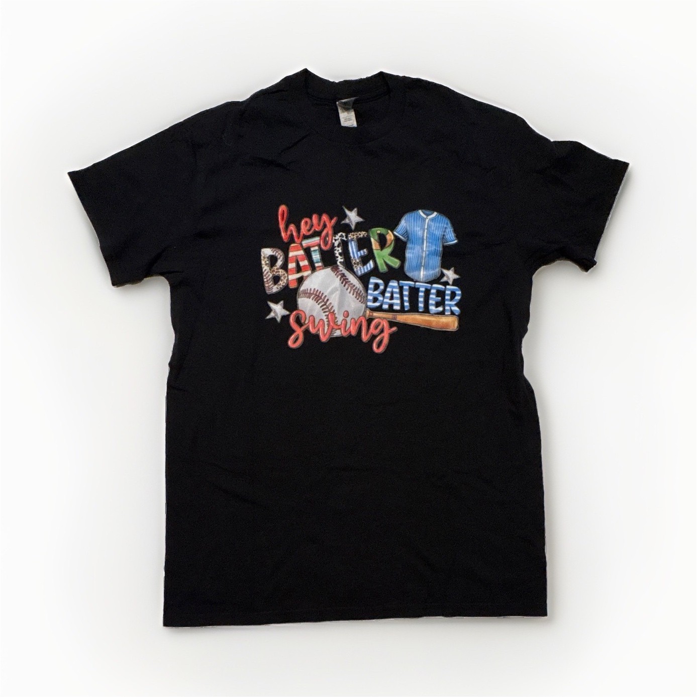 Gildan Black Baseball “Hey Batter Batter Swing” Graphic Tee Crew Neck S