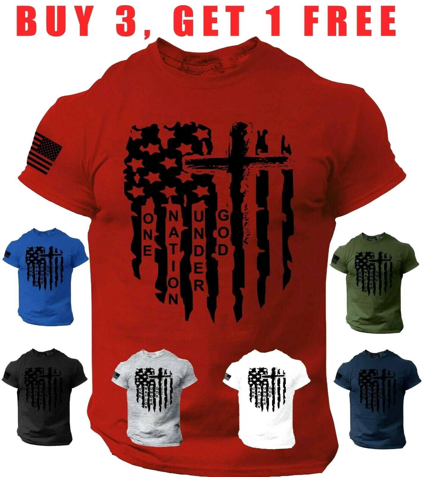 USA Flag T Shirt one nation under god Army Jesus cross Christian Tee S-3XL