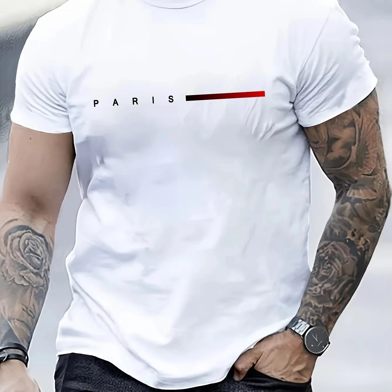 Men’s T-Shirt Summer Loose PARIS Creative Letter Print Casual Slim Fit Round