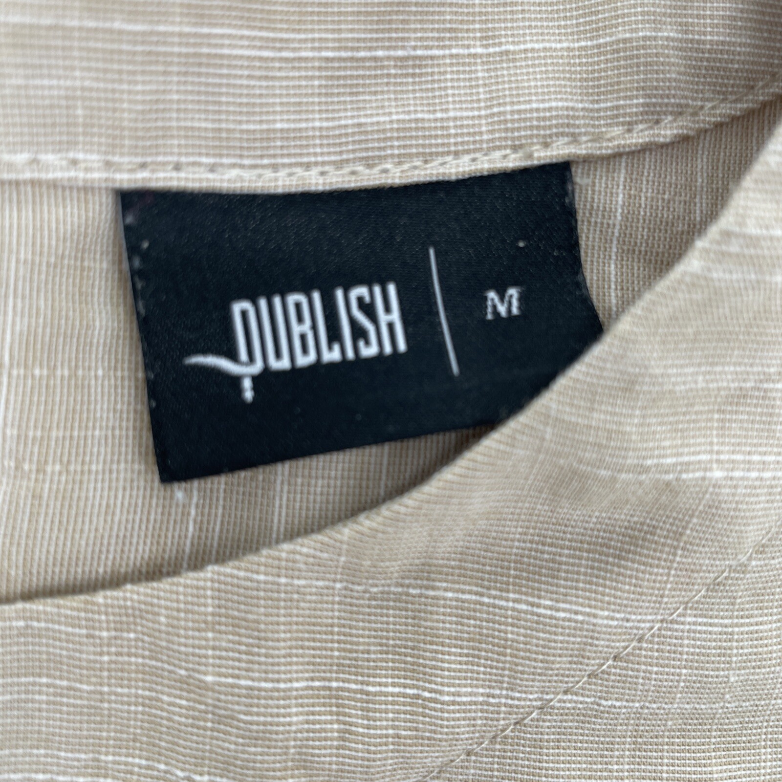 Publish Brand Shirt Mens M Woven Scoop Neck Beige Tan Short Sleeve Snaps Solid
