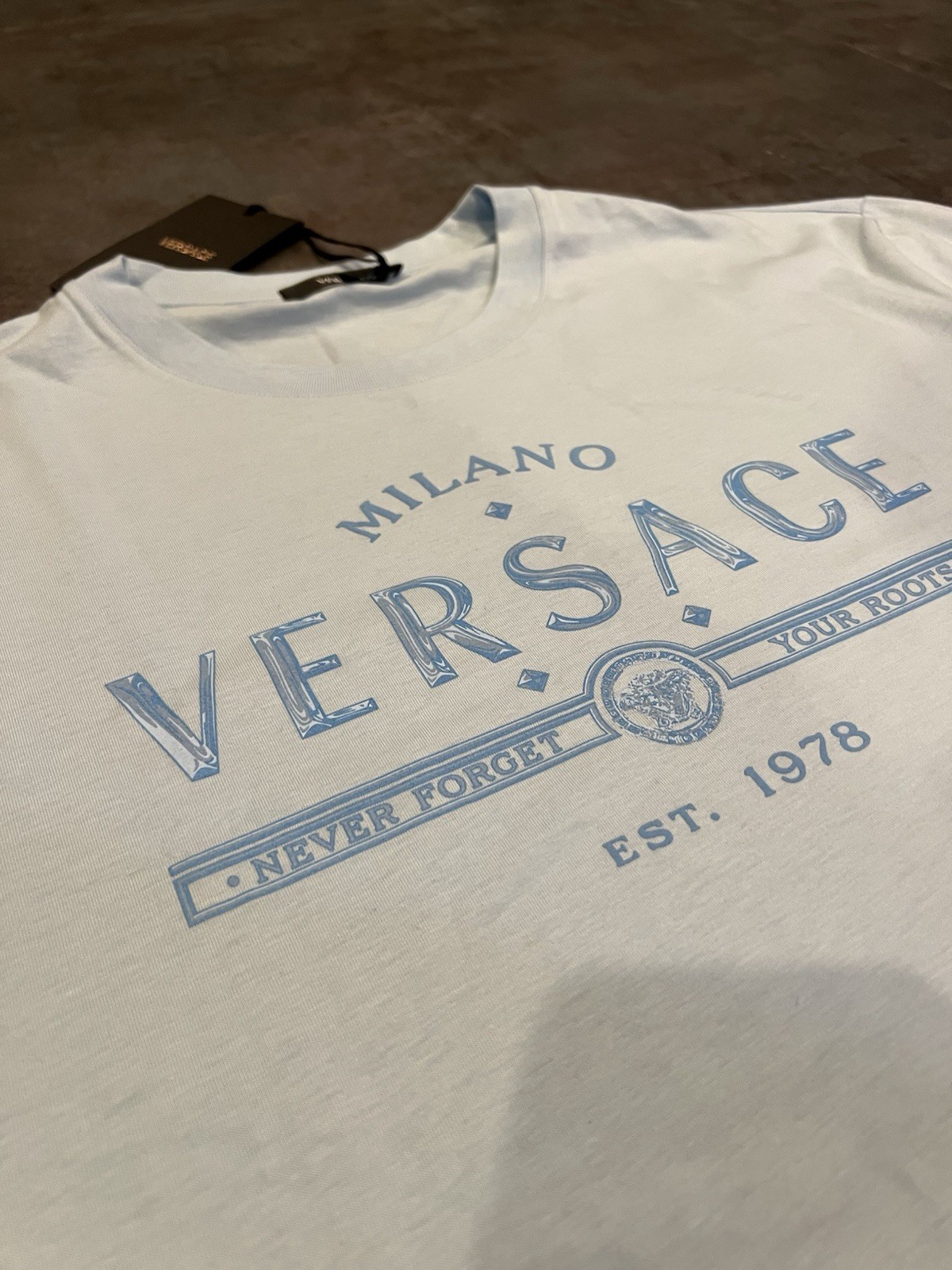 $750 RARE Versace Men’s Logo Cotton Jersey T-Shirt Pastel Blue XXL