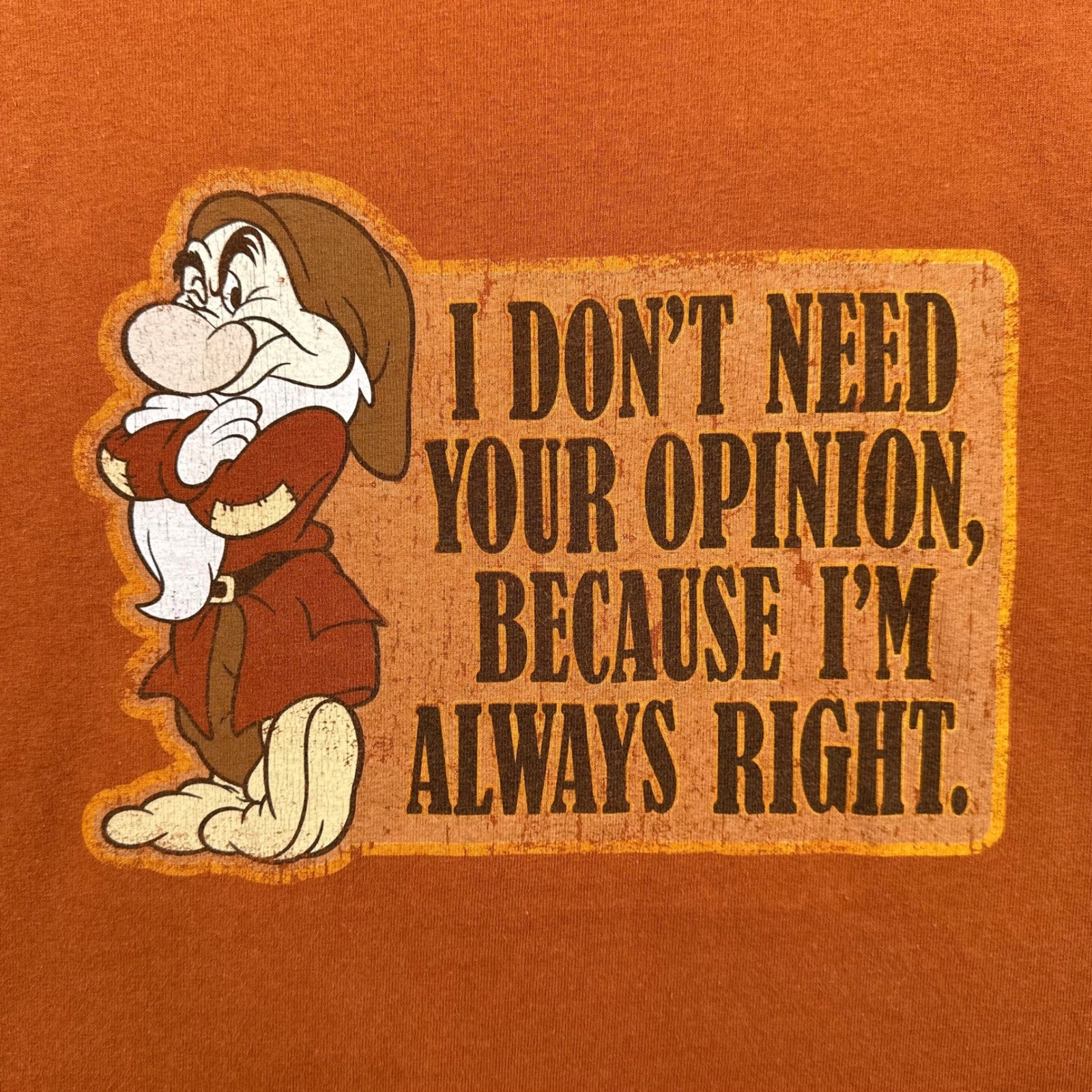 Disney Grumpy T-Shirt Mens Large Orange Graphic Tee I’m Always Right Snow White