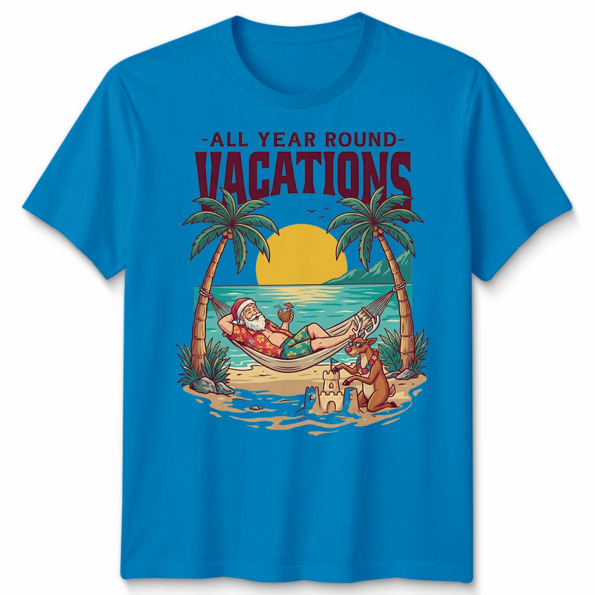 All Year Round Vacations Christmas Santa Reindeer Beach Graphic Unisex Tee