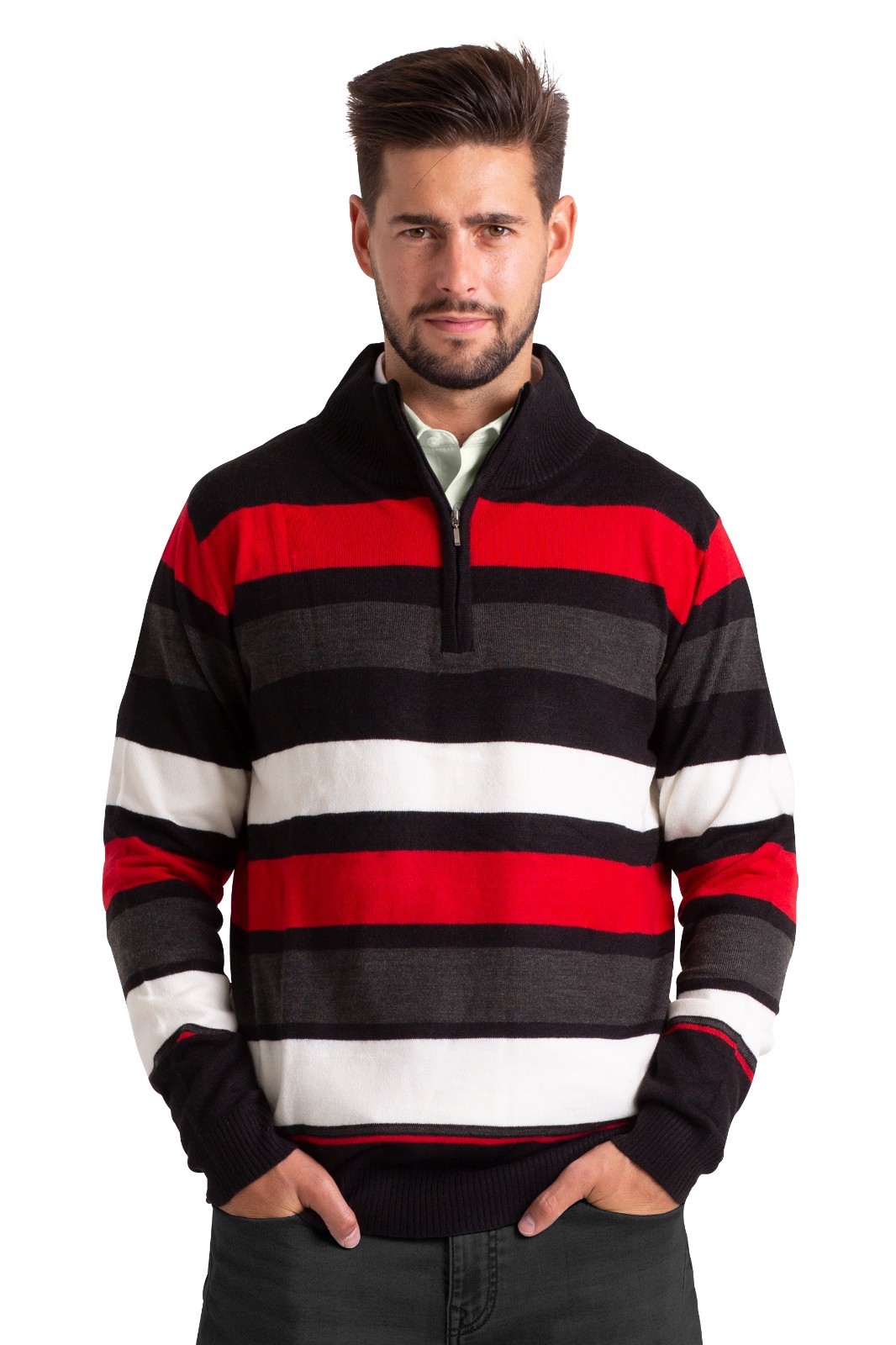 WESTACE Men’s Striped Quarter-Zip Sweater Casual Knit Pullover Jumper S-XXL