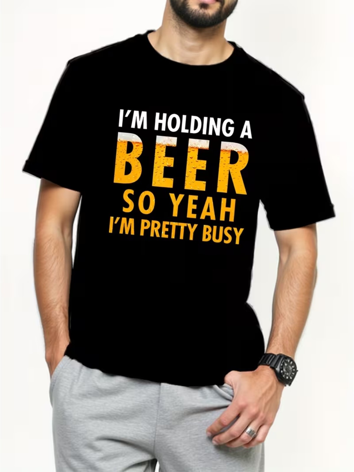 Men’s Fashion T-Shirt, Casual Tee with Printed Beer Graphic, Round Neck, Summe