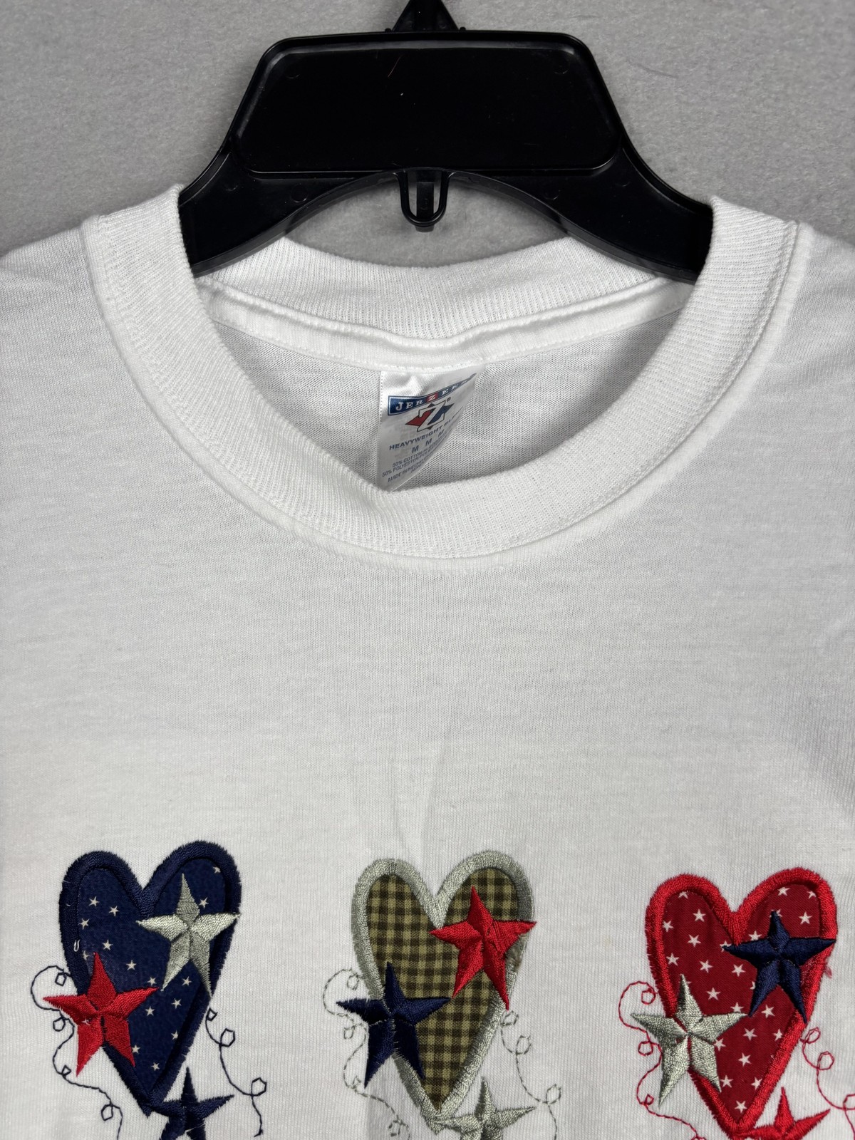 Jerzees Shirt Mens Medium White Patriotic Hearts Stars Embroidered USA Tee