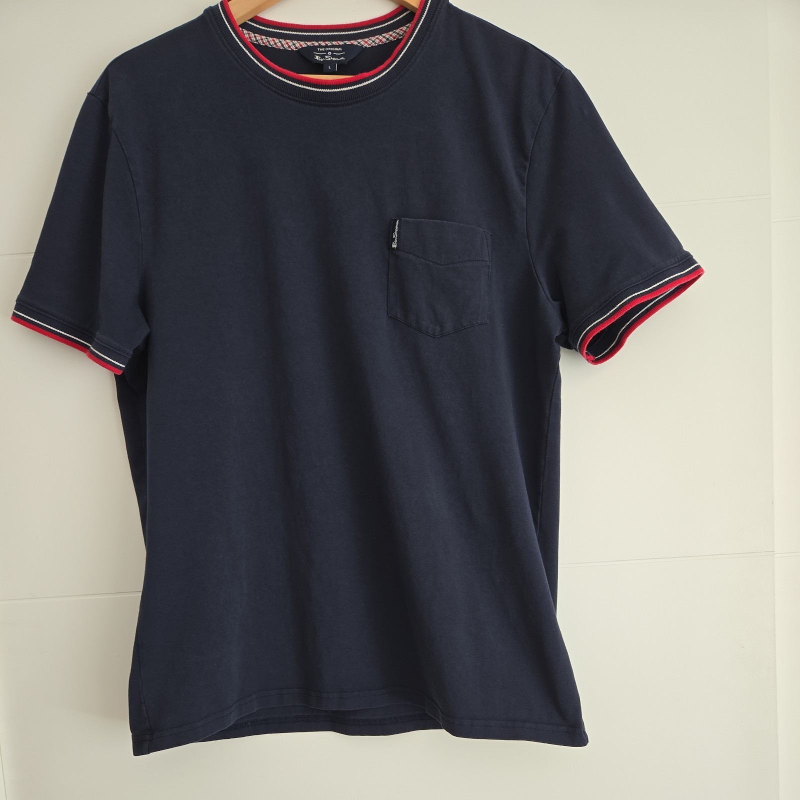 Ben Sherman Shirt Mens Large Navy Blue Pocket Tee Contrast Trim Stretch Casual