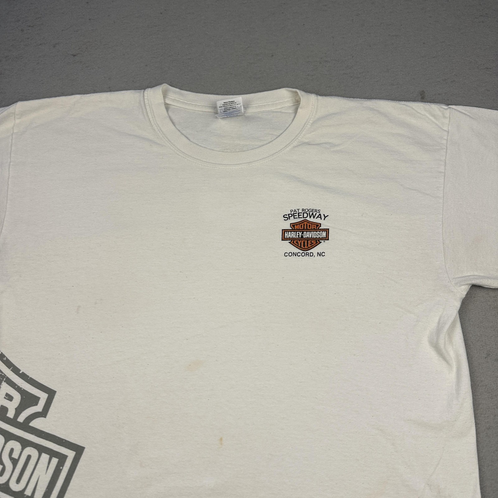 Harley Davidson Speedway Shirt Mens Large White Pat Rogers Concord NC Logo