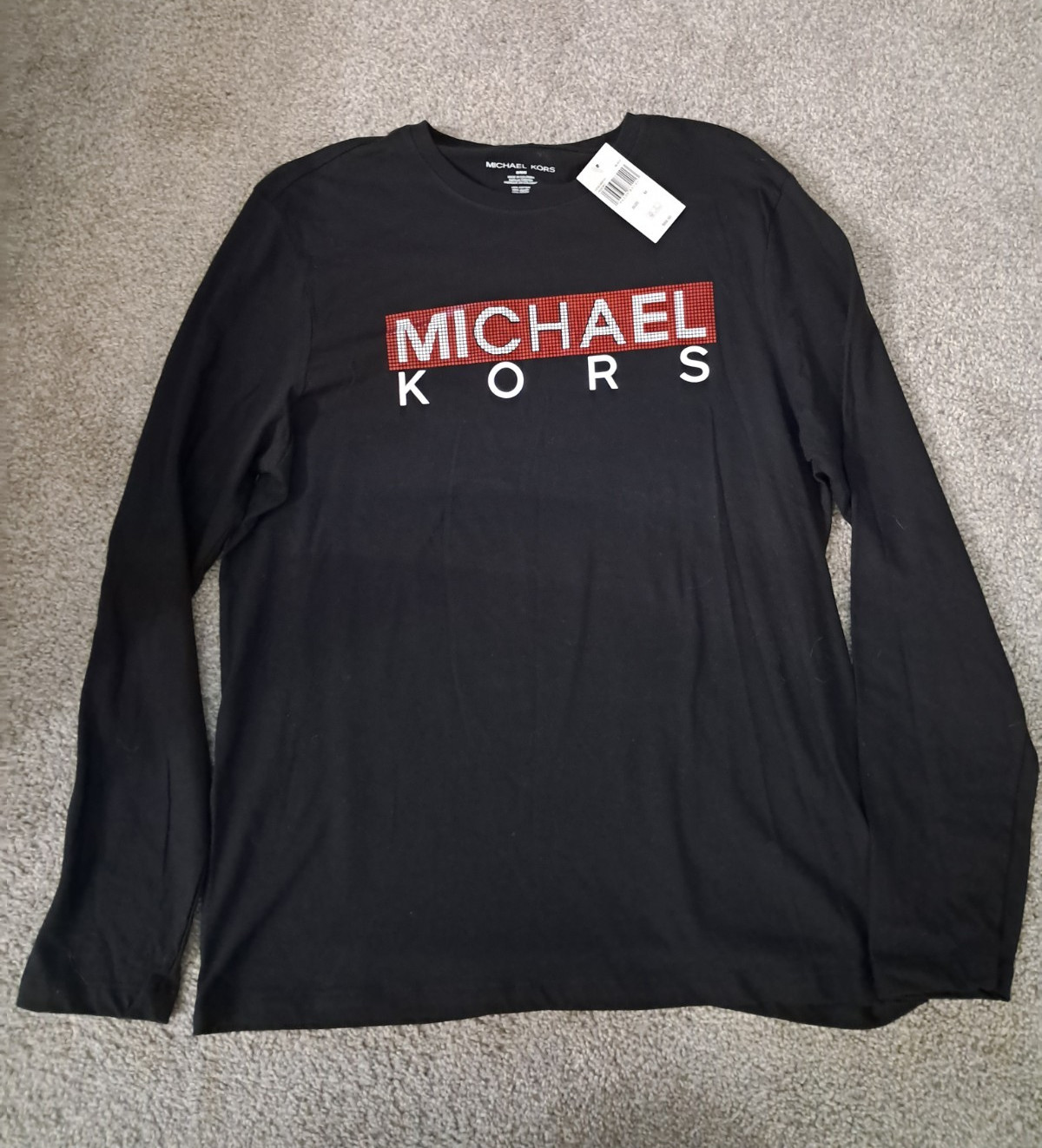 Michael Kors Men’s Black Long Sleeve Logo Graphic Crew Neck T-Shirt M Cotton