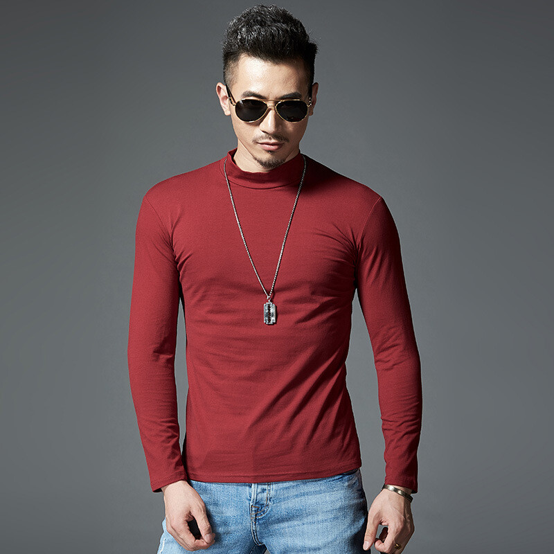 Spring and Autumn Men’s Thin Solid Color Half Turtleneck Long Sleeve T-Shirts