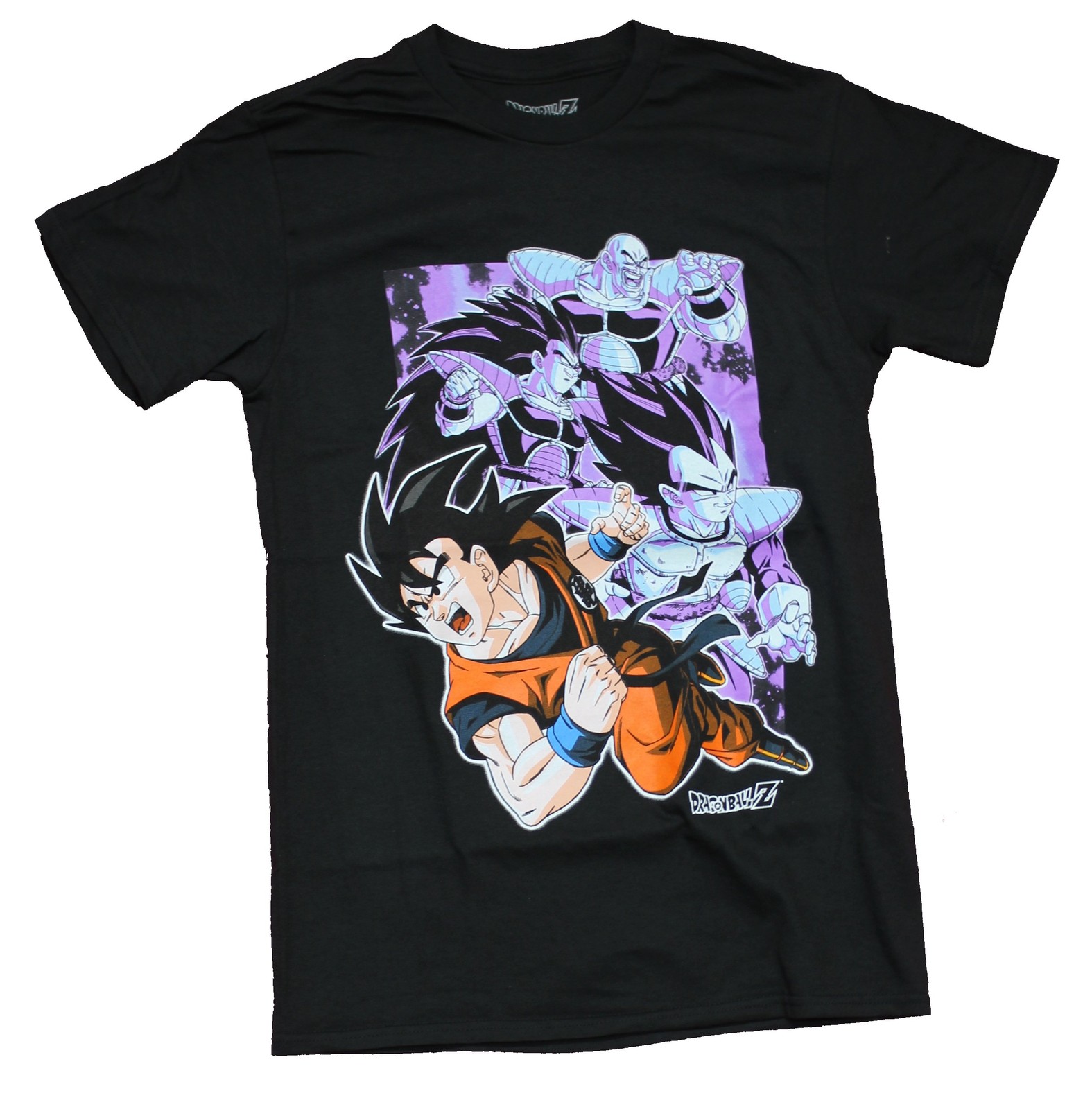 Dragon Ball Z Mens T-Shirt – Colored Goku Over Purple Tint Sayians