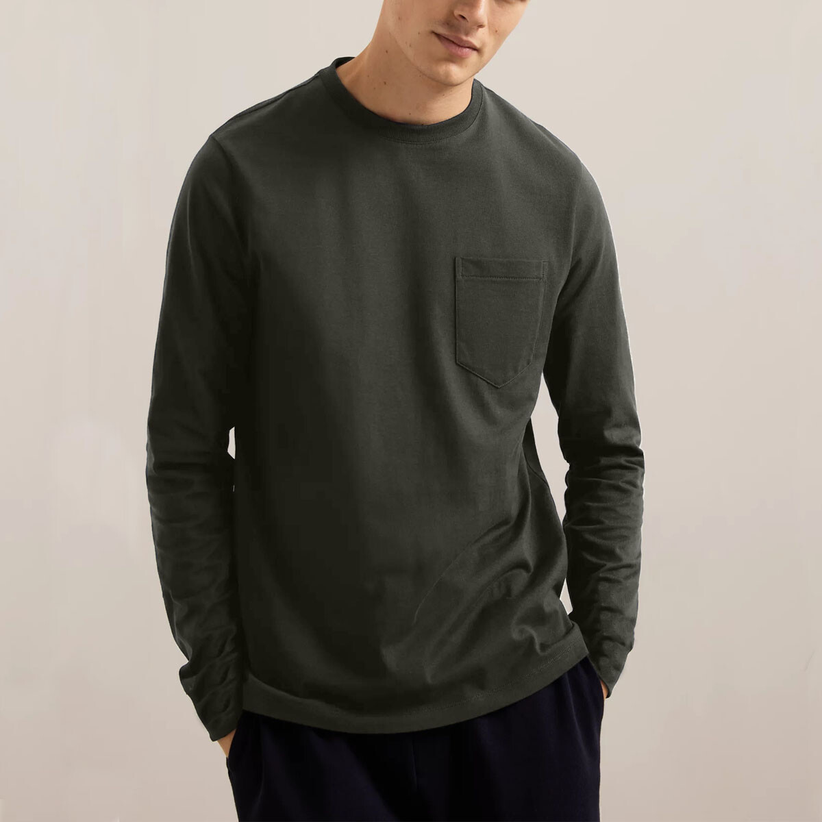 Mens Long Sleeve T-Shirt Plain Crew Round Neck Casual 100% Cotton Pocket Tee Top