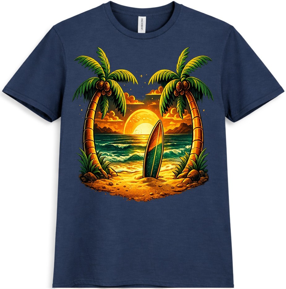 Tropical Beach T-Shirt Sunset Surfboard Graphic Palm Trees Ocean Summer tee
