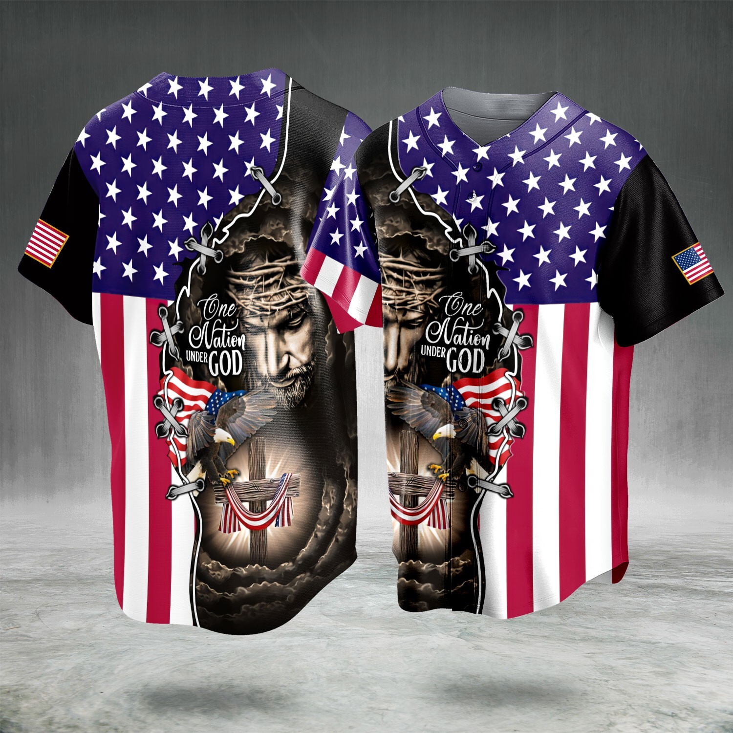 One Nation Under God Patriotic Eagle Usa Flag Baseball Jersey Full Size S-5XL